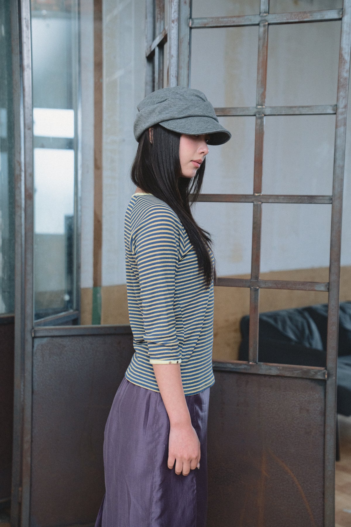 Color-Block Fine-Stripe Twill Top