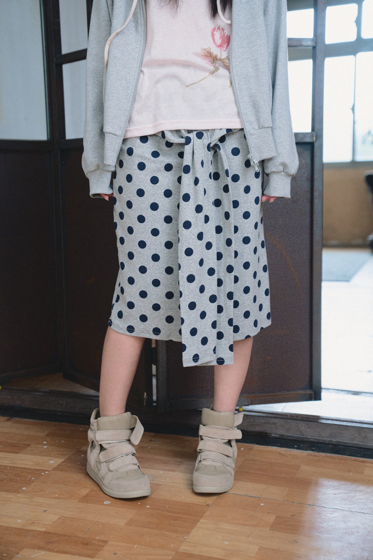 Polka Dot Tie-Waist Cotton Midi Skirt