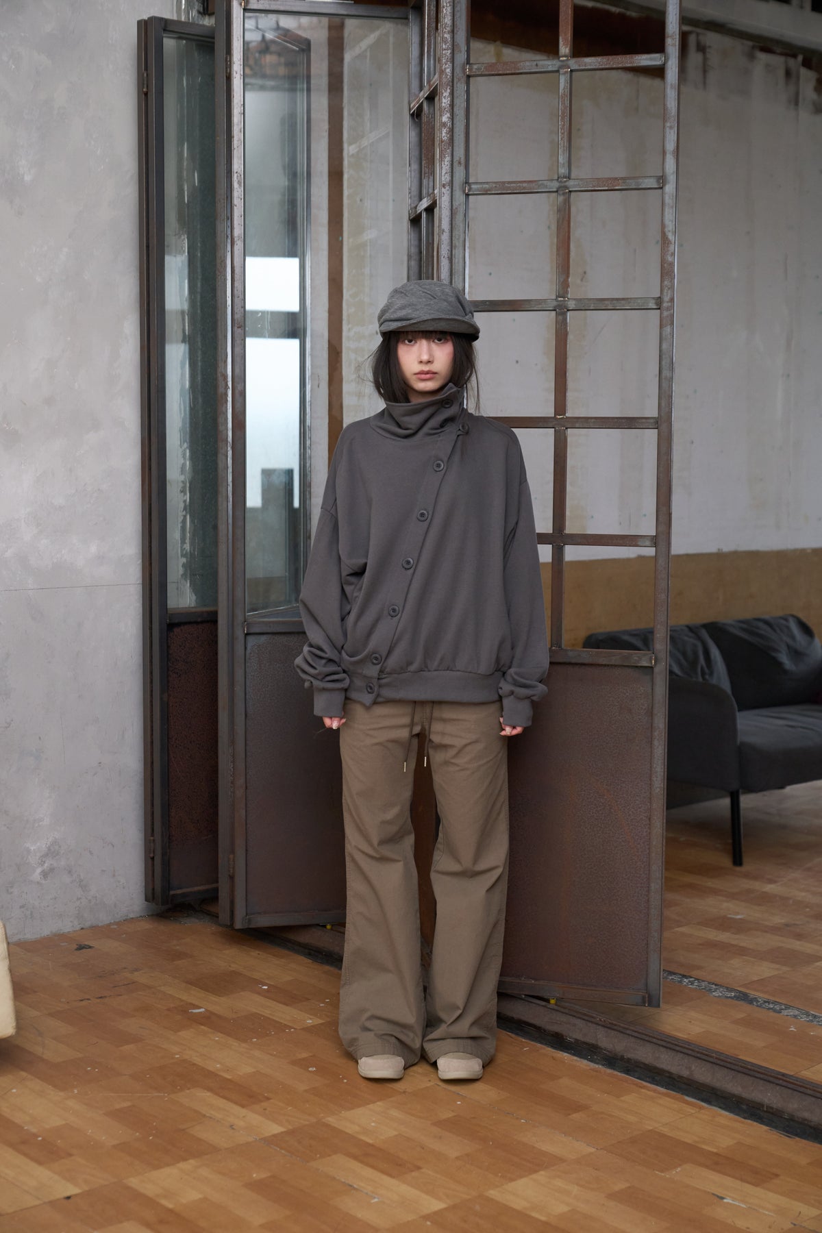 Slanted Button Design Stand Collar Jacke