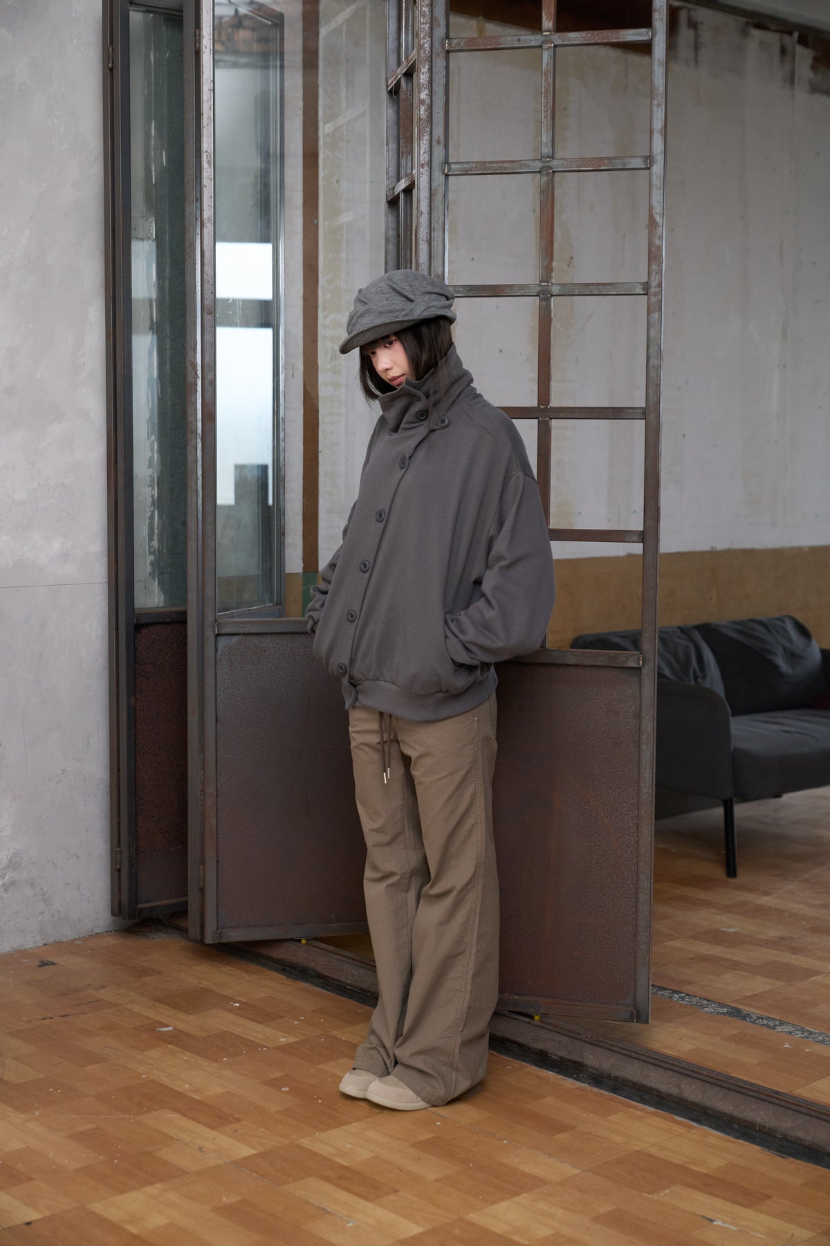 Slanted Button Design Stand Collar Jacke