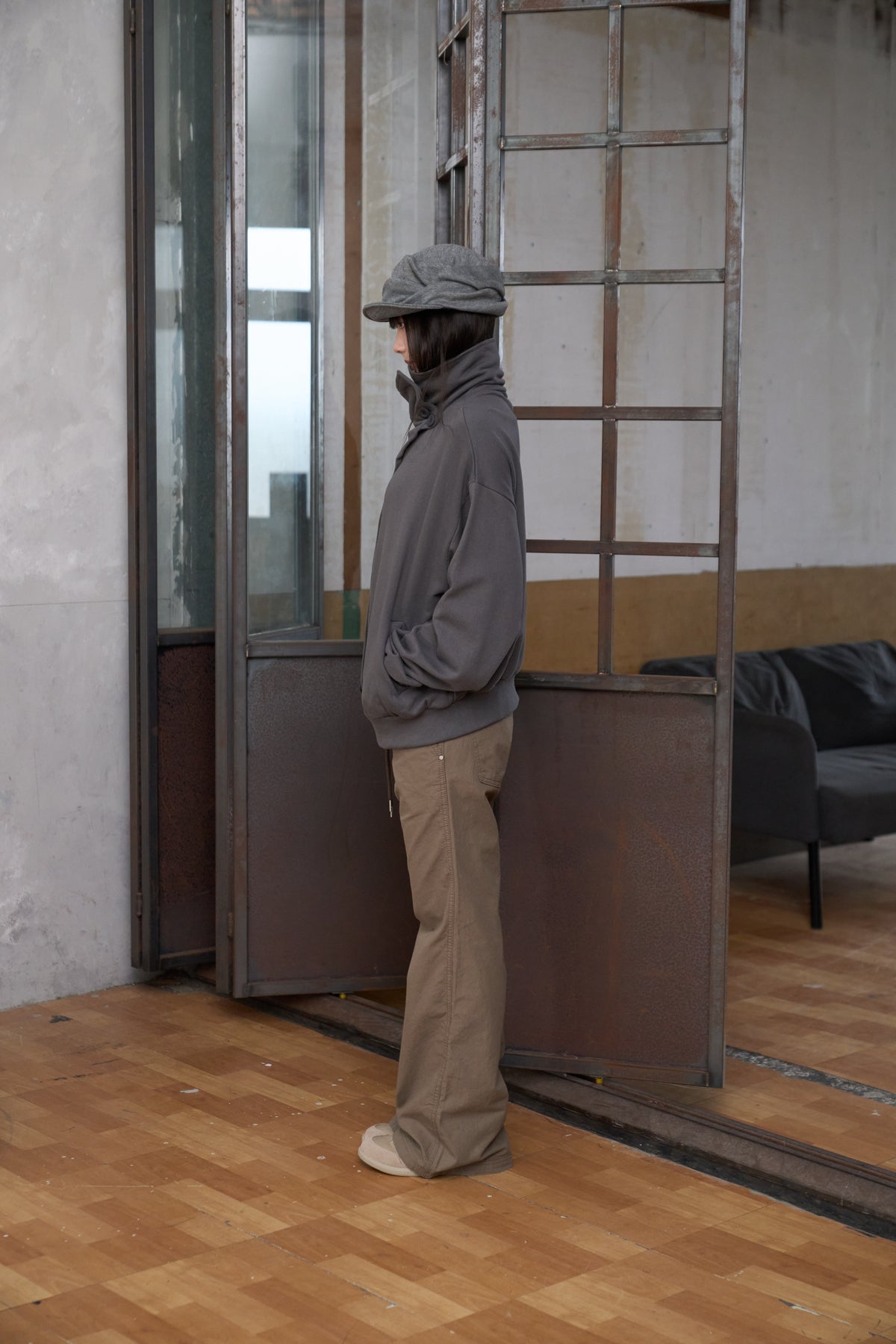 Slanted Button Design Stand Collar Jacke