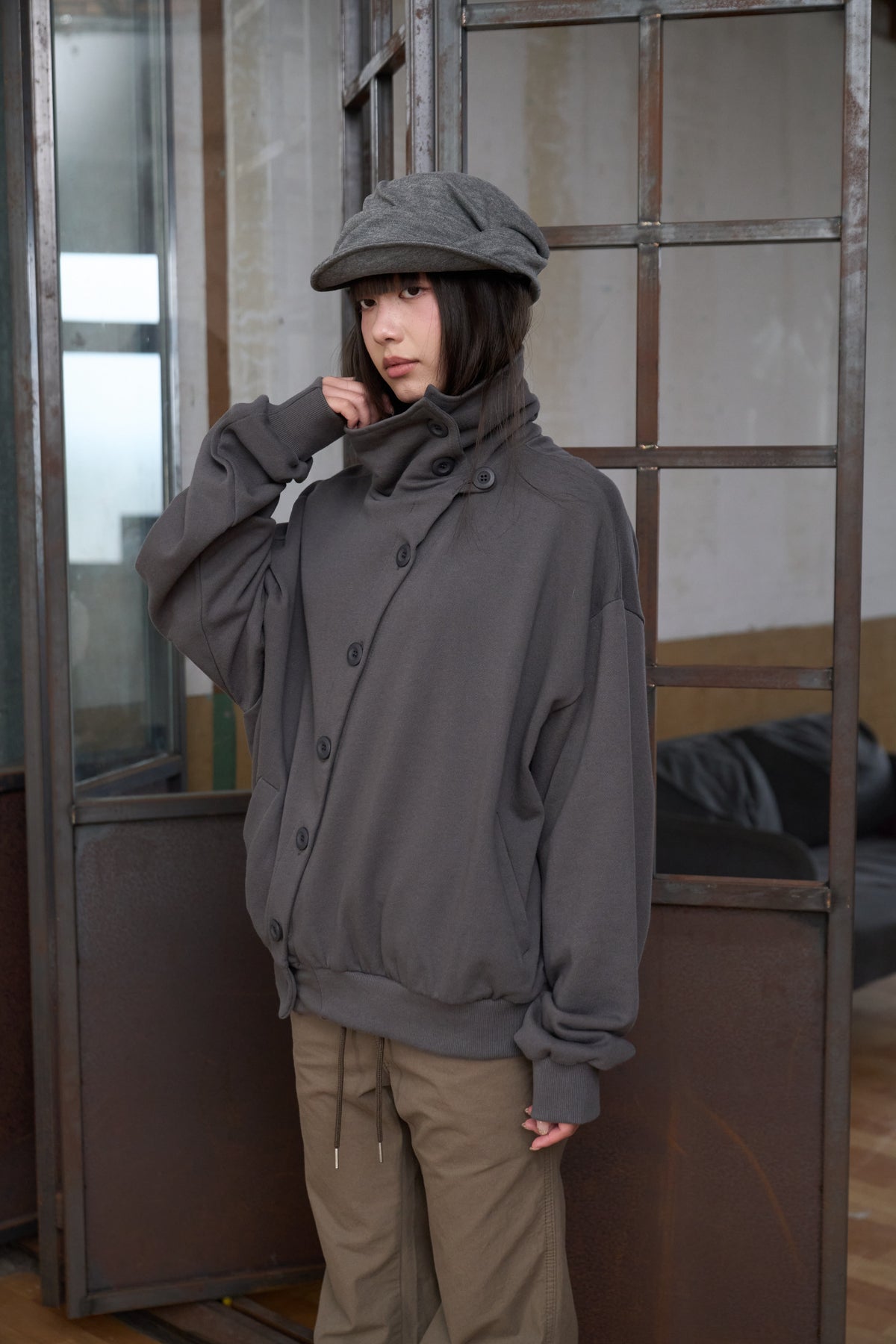 Slanted Button Design Stand Collar Jacke