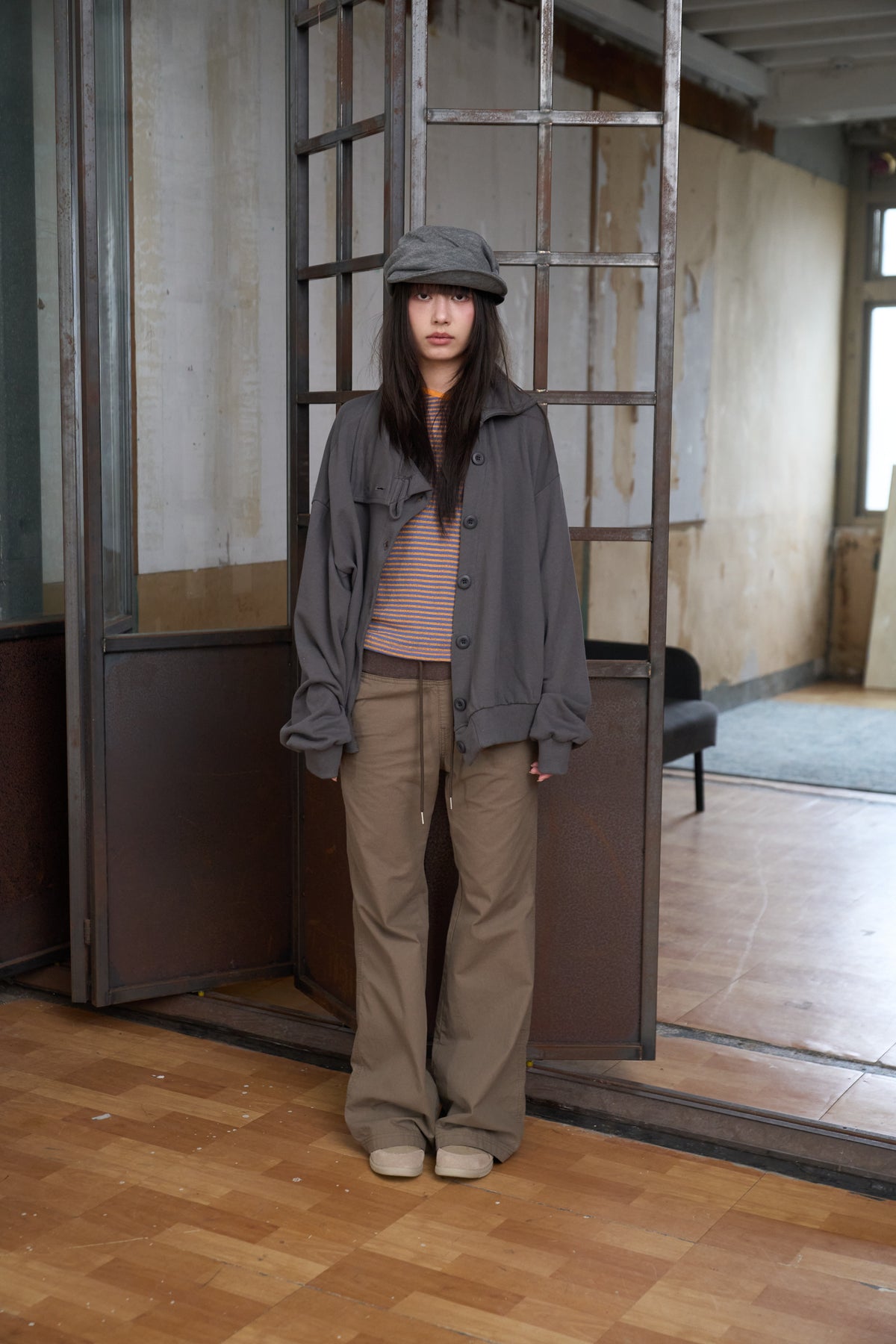 Slanted Button Design Stand Collar Jacke