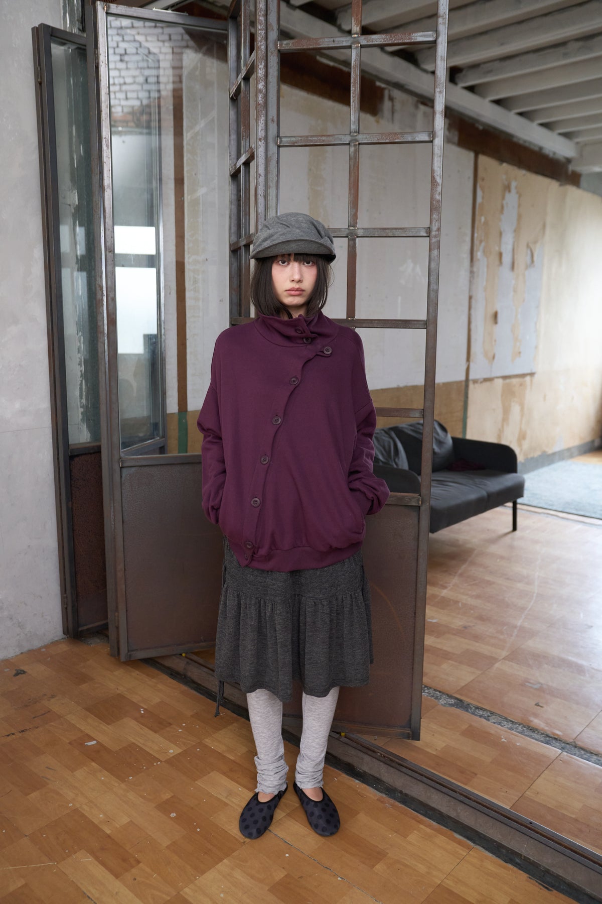 Slanted Button Design Stand Collar Jacke