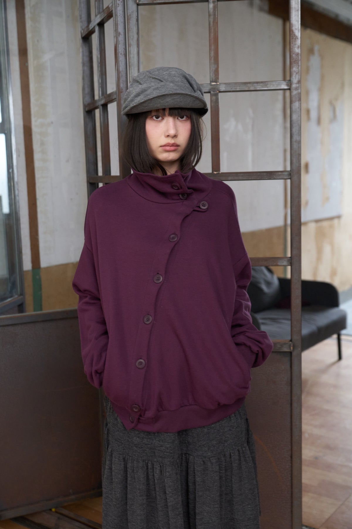 Slanted Button Design Stand Collar Jacke