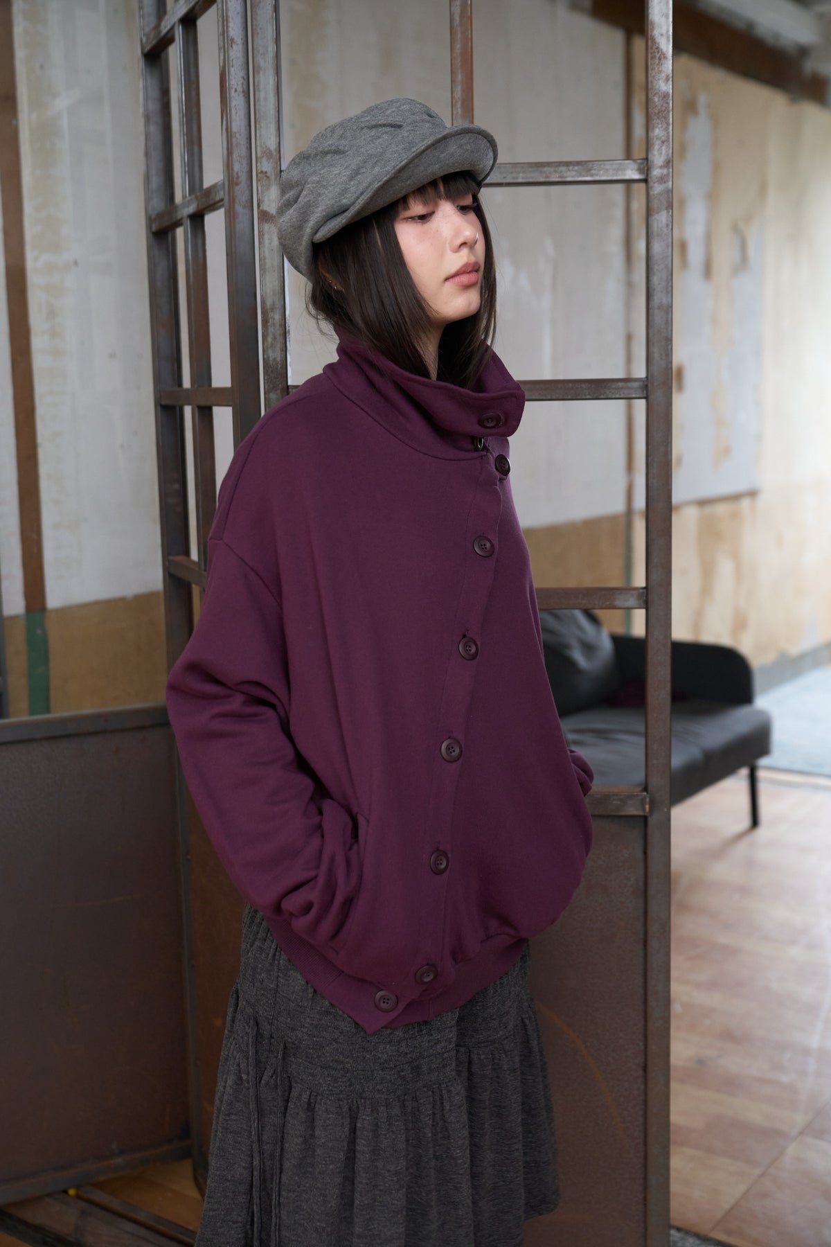 Slanted Button Design Stand Collar Jacke