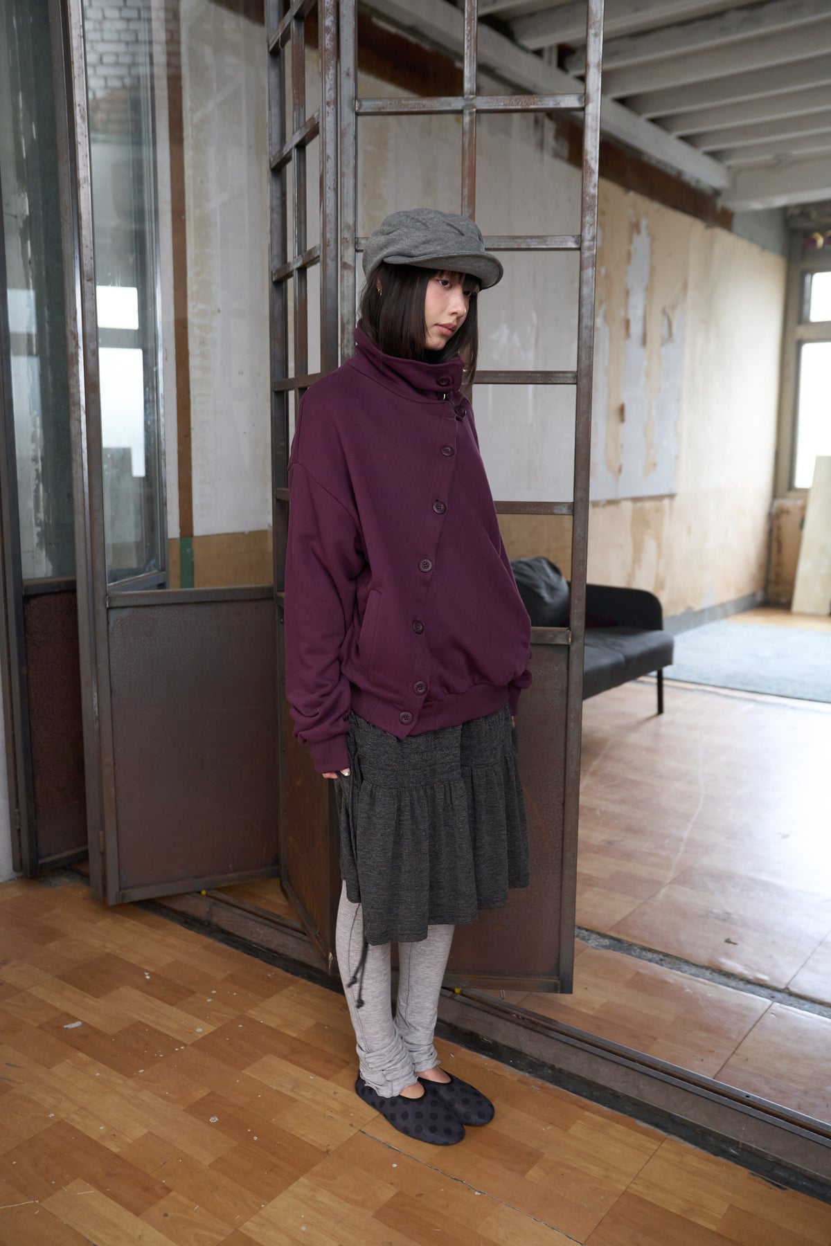 Slanted Button Design Stand Collar Jacke