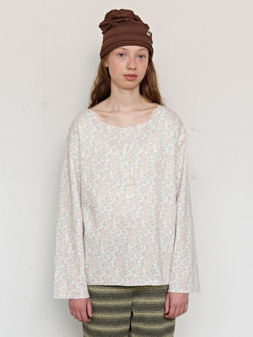 FUN FROM FUN Rustic Waffle Henley Top, Cream