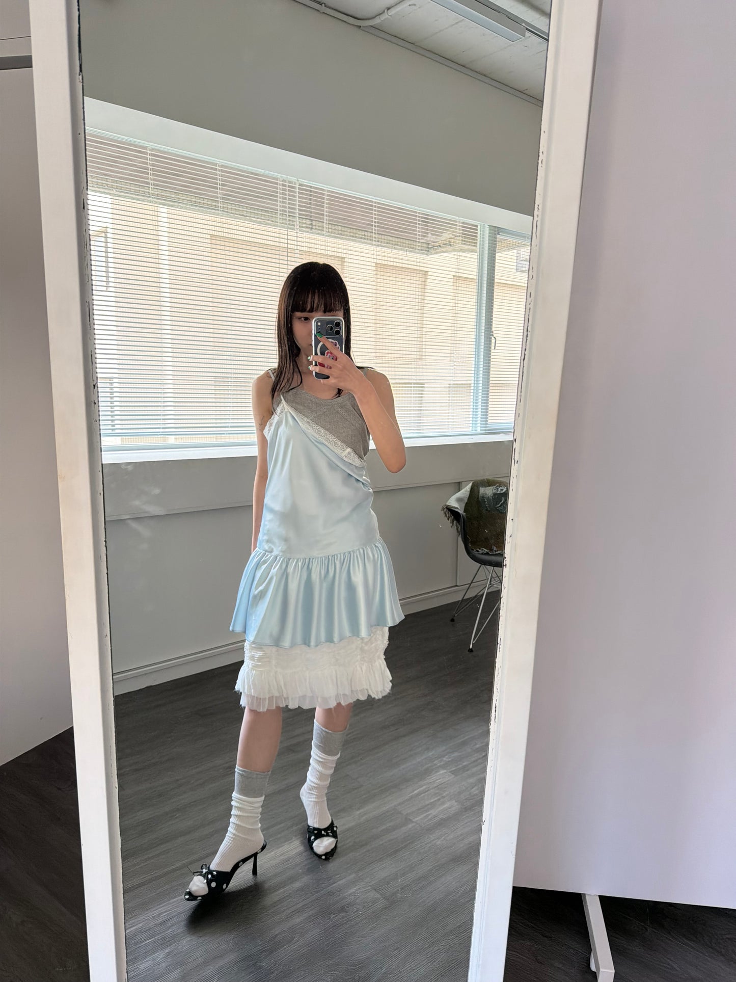 Thin-strap satin lace-trimmed camisole dress