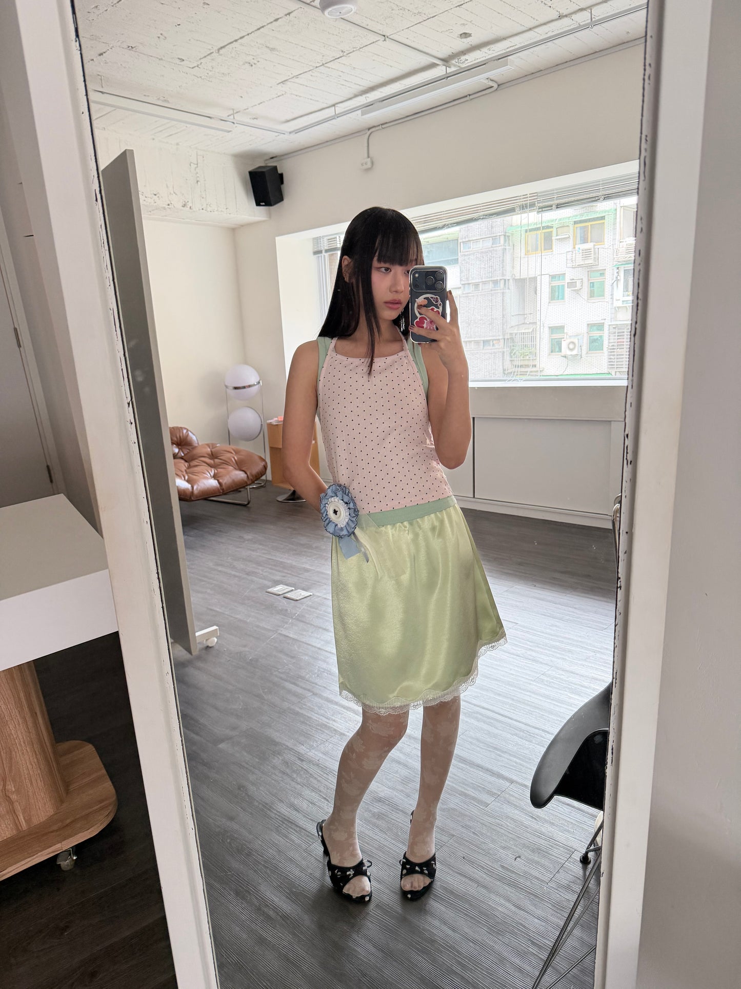 Satin and lace mini skirt