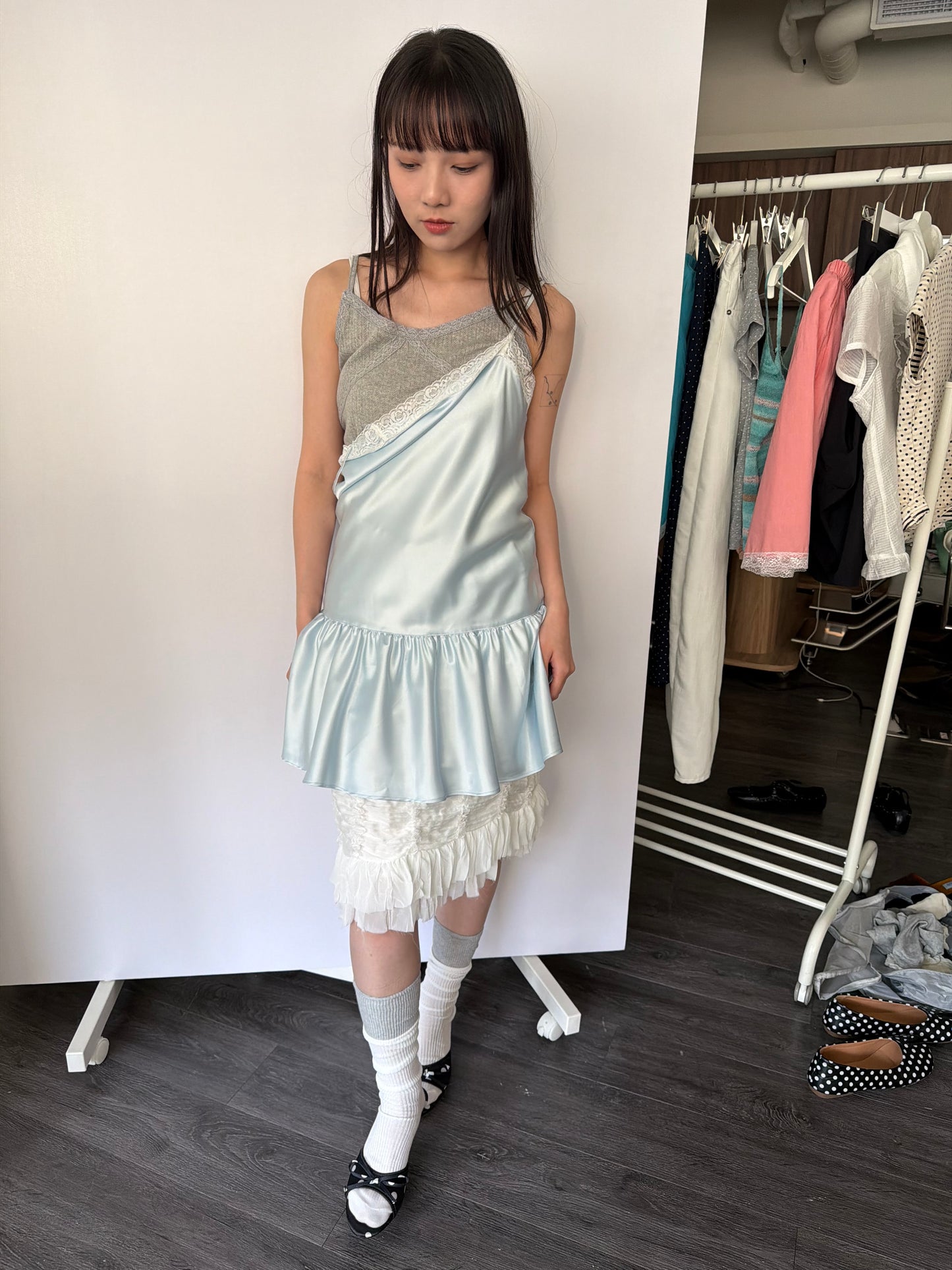 Thin-strap satin lace-trimmed camisole dress