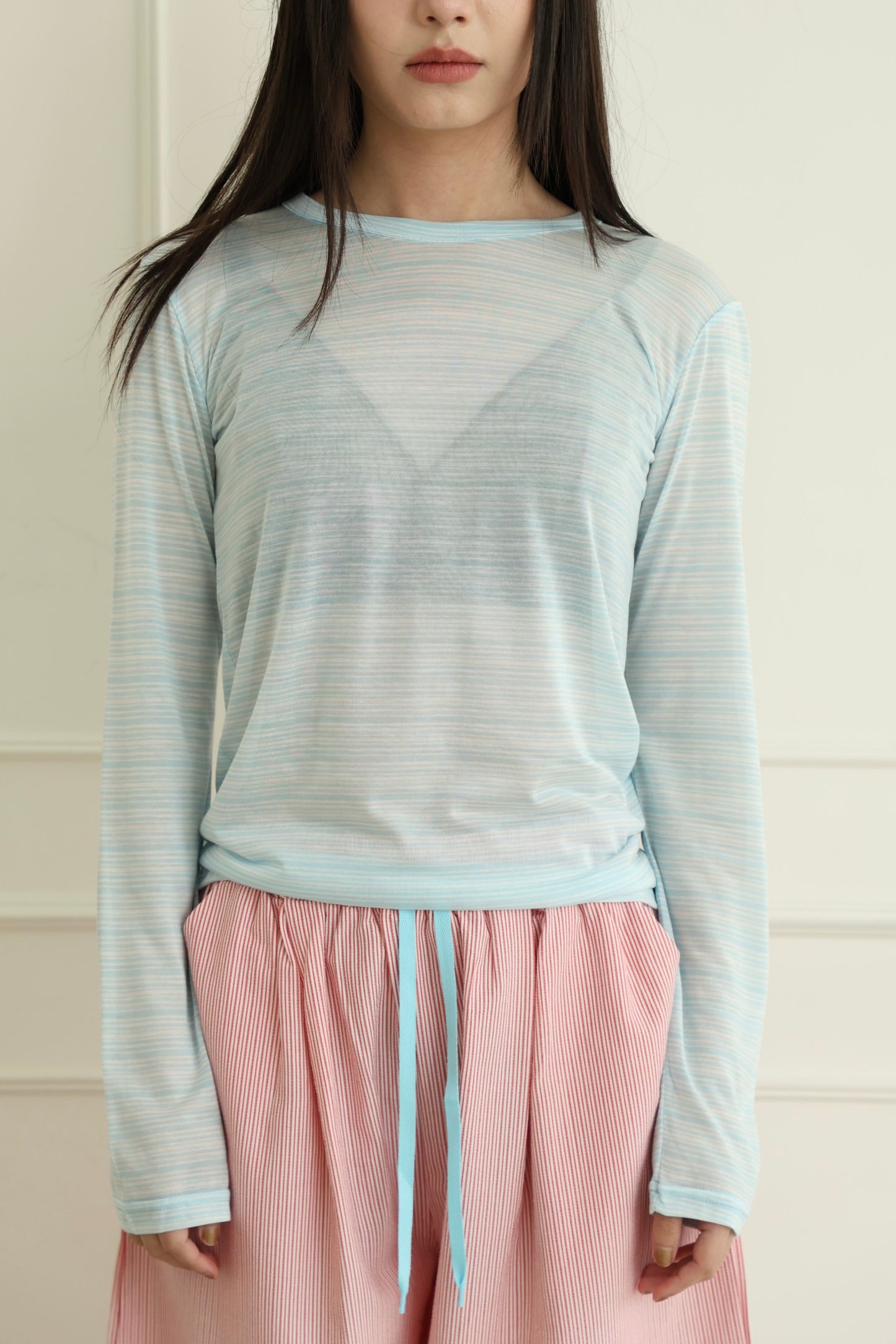Sheer pinstriped long-sleeved top
