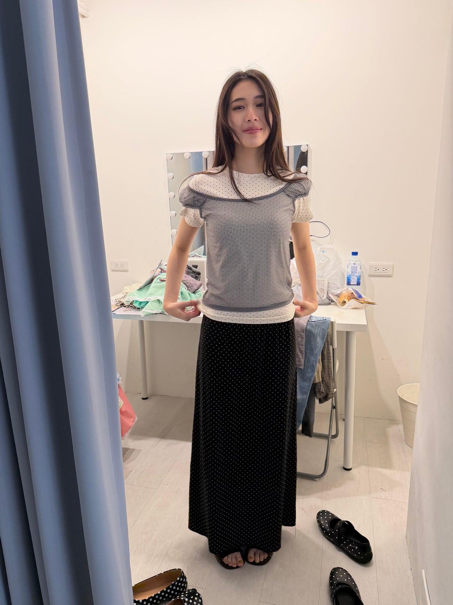 シアーチェック スクエアネックトップス