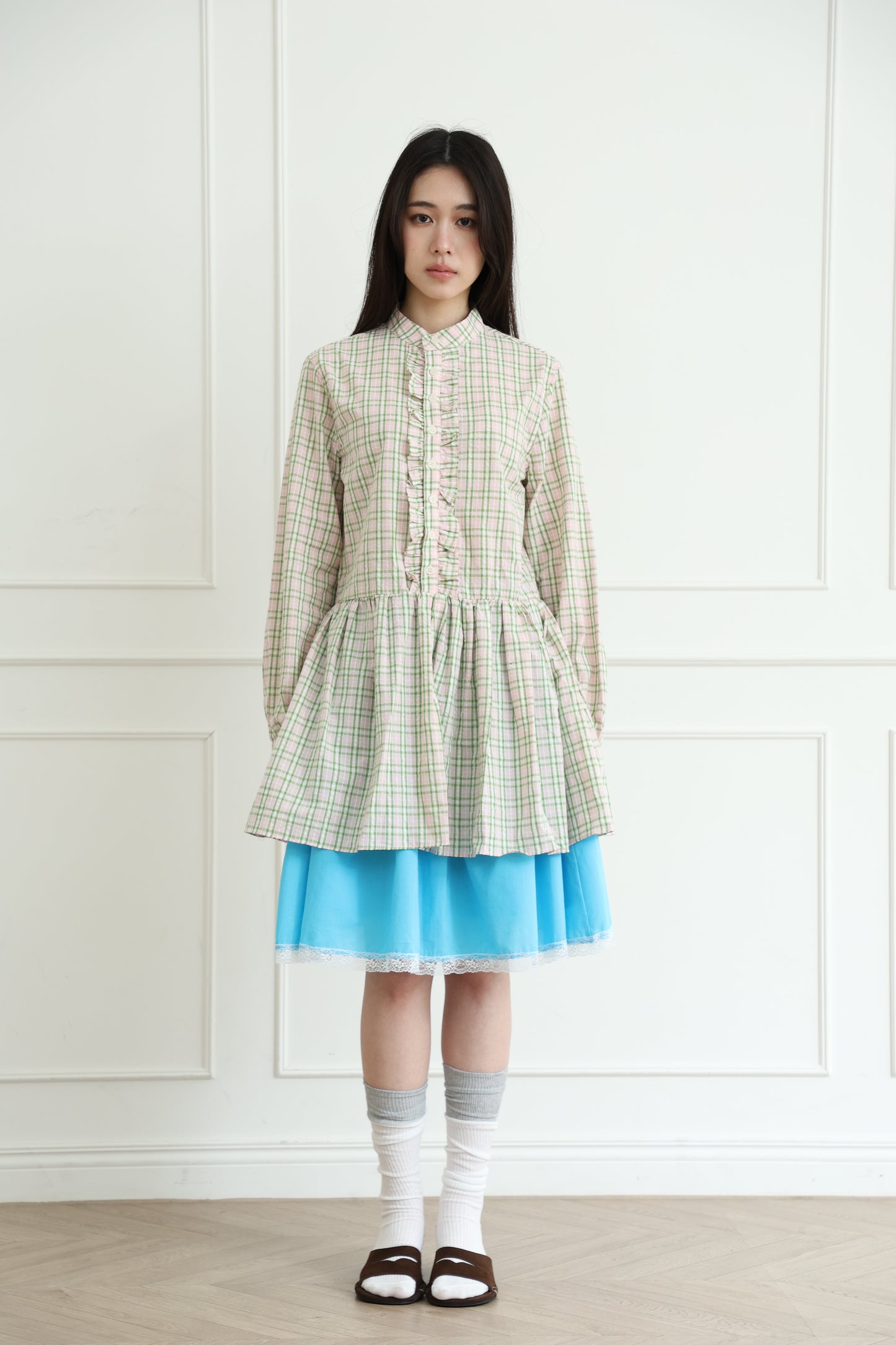 Plaid lace shirt dress