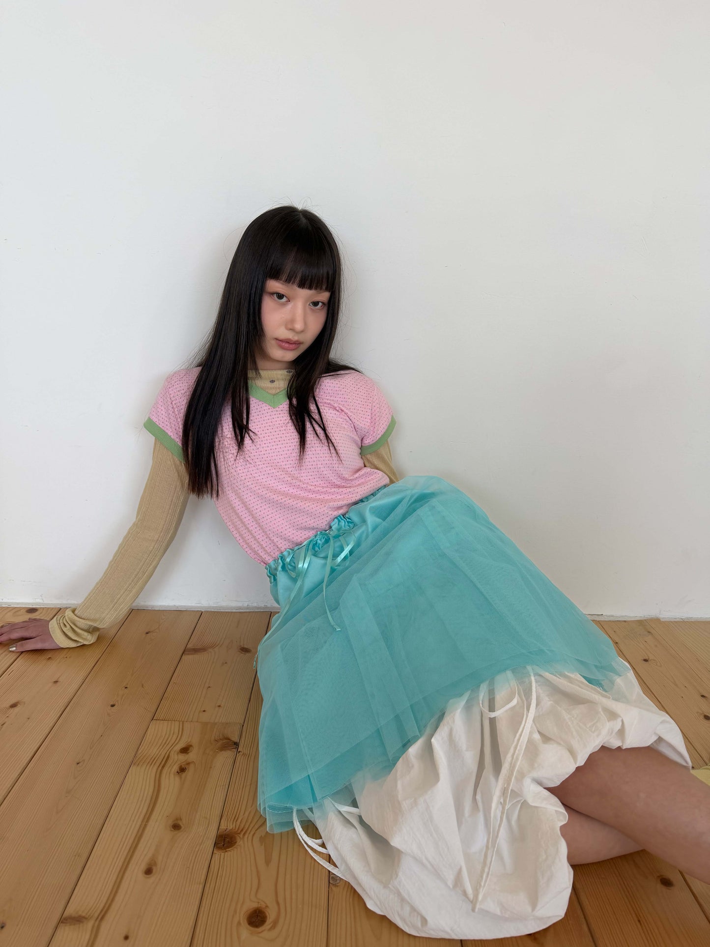 Candy-colored short-sleeved V-neck top