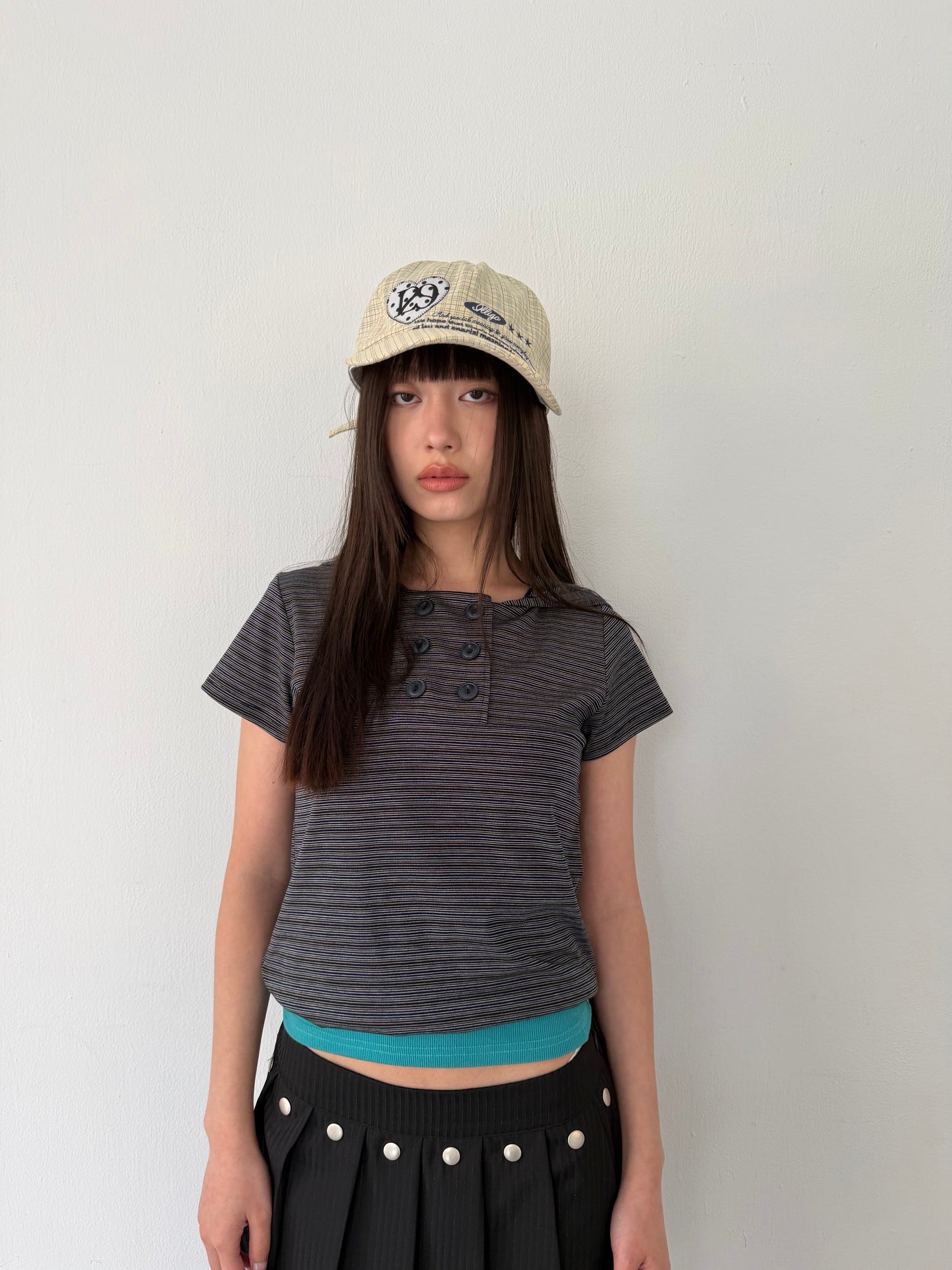 Striped button-down hooded short-sleeved top
