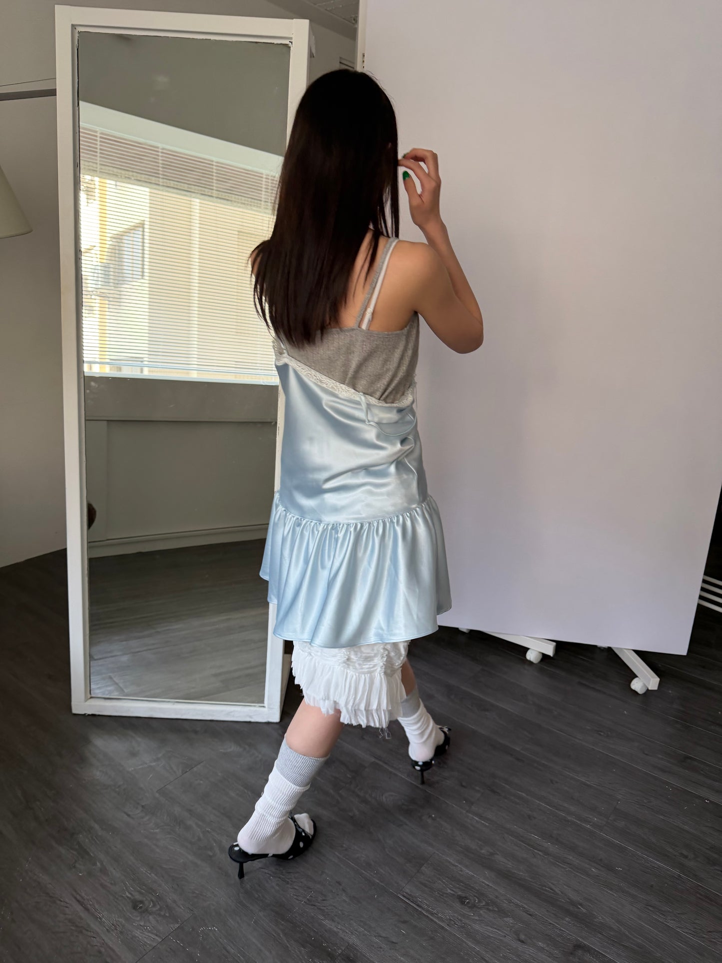 Thin-strap satin lace-trimmed camisole dress
