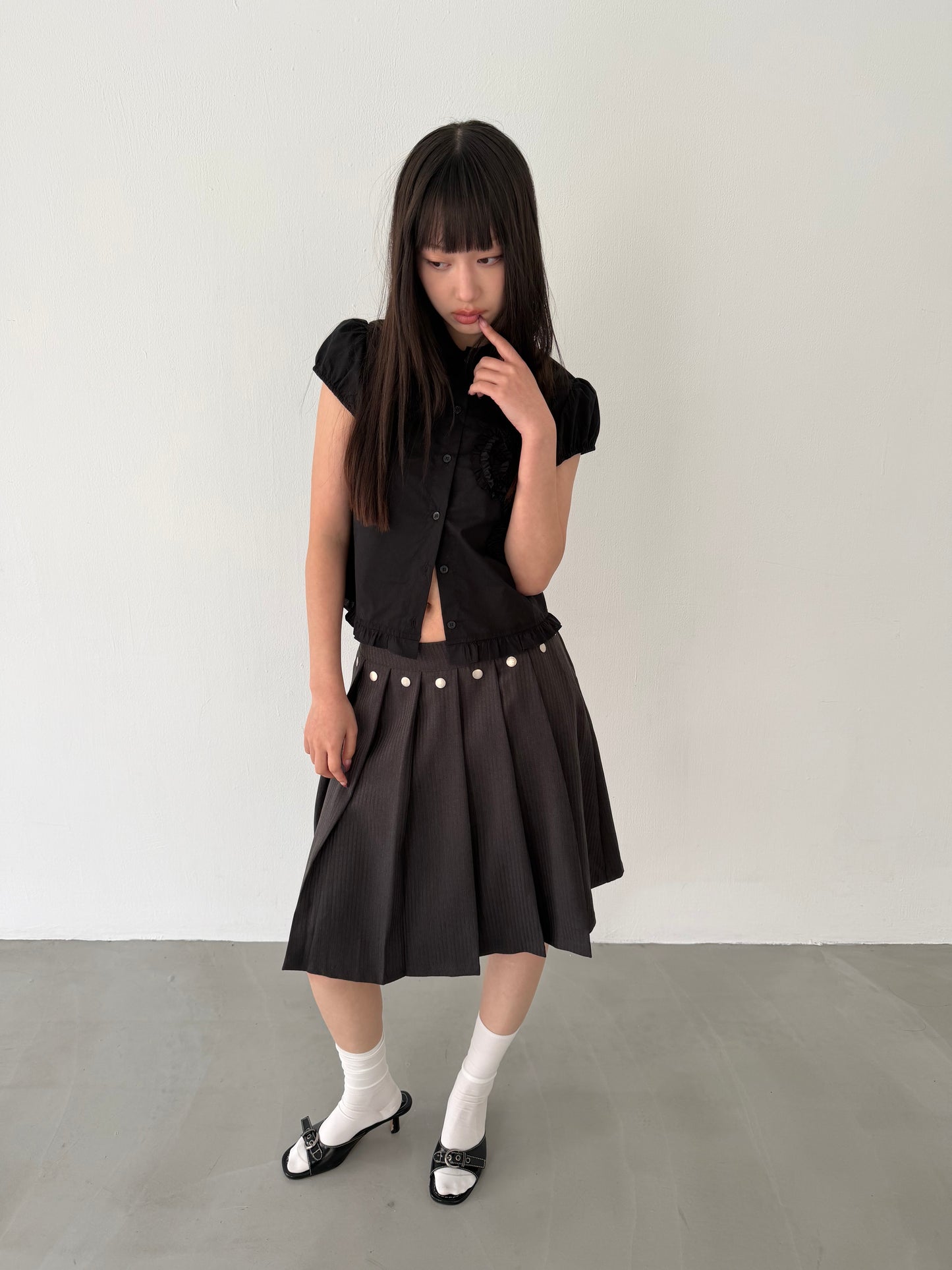 Lace-trimmed flutter sleeve shirt