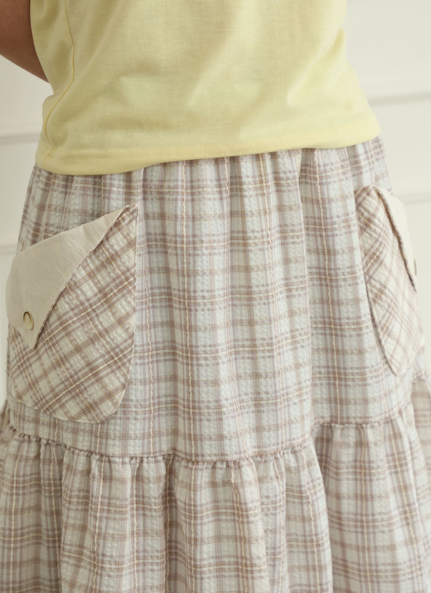 Pancake Check Button Midi Skirt