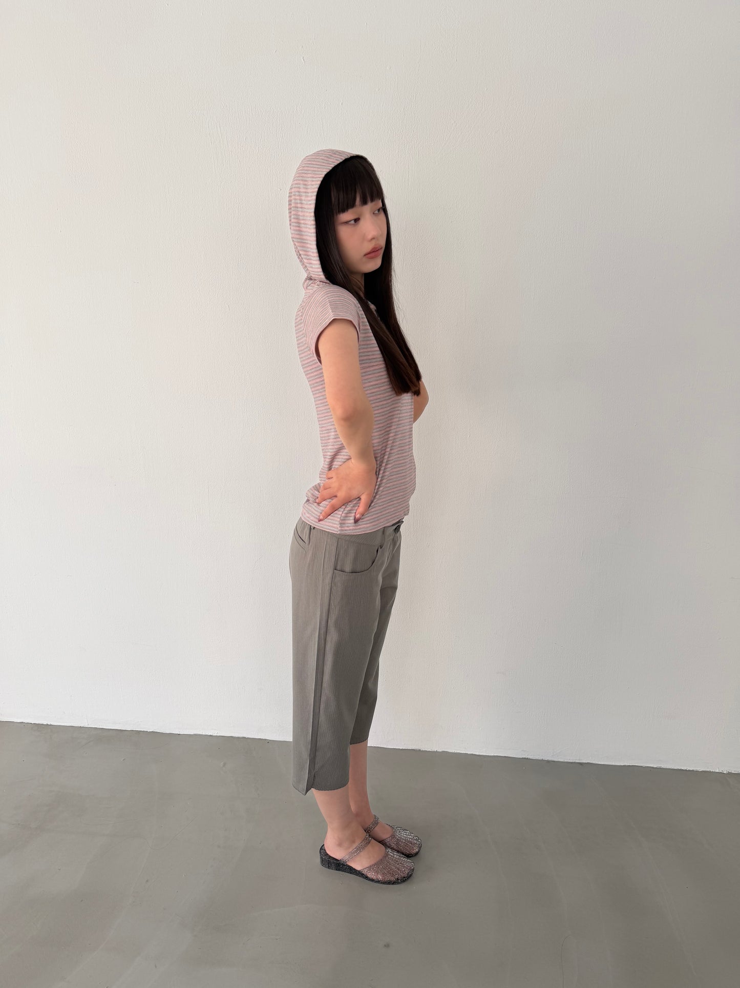 Striped button-down hooded short-sleeved top