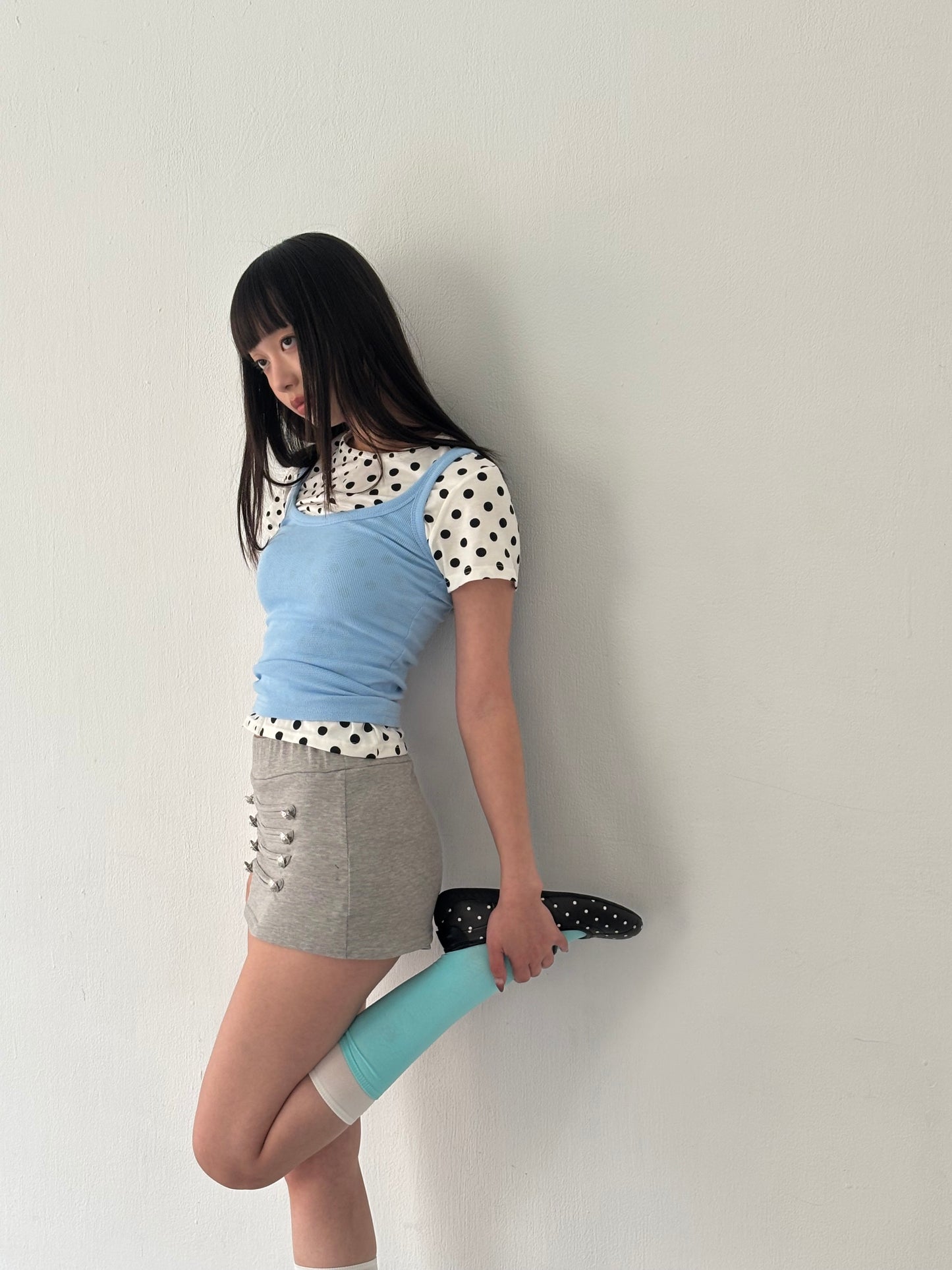 polka dot patchwork short-sleeved top