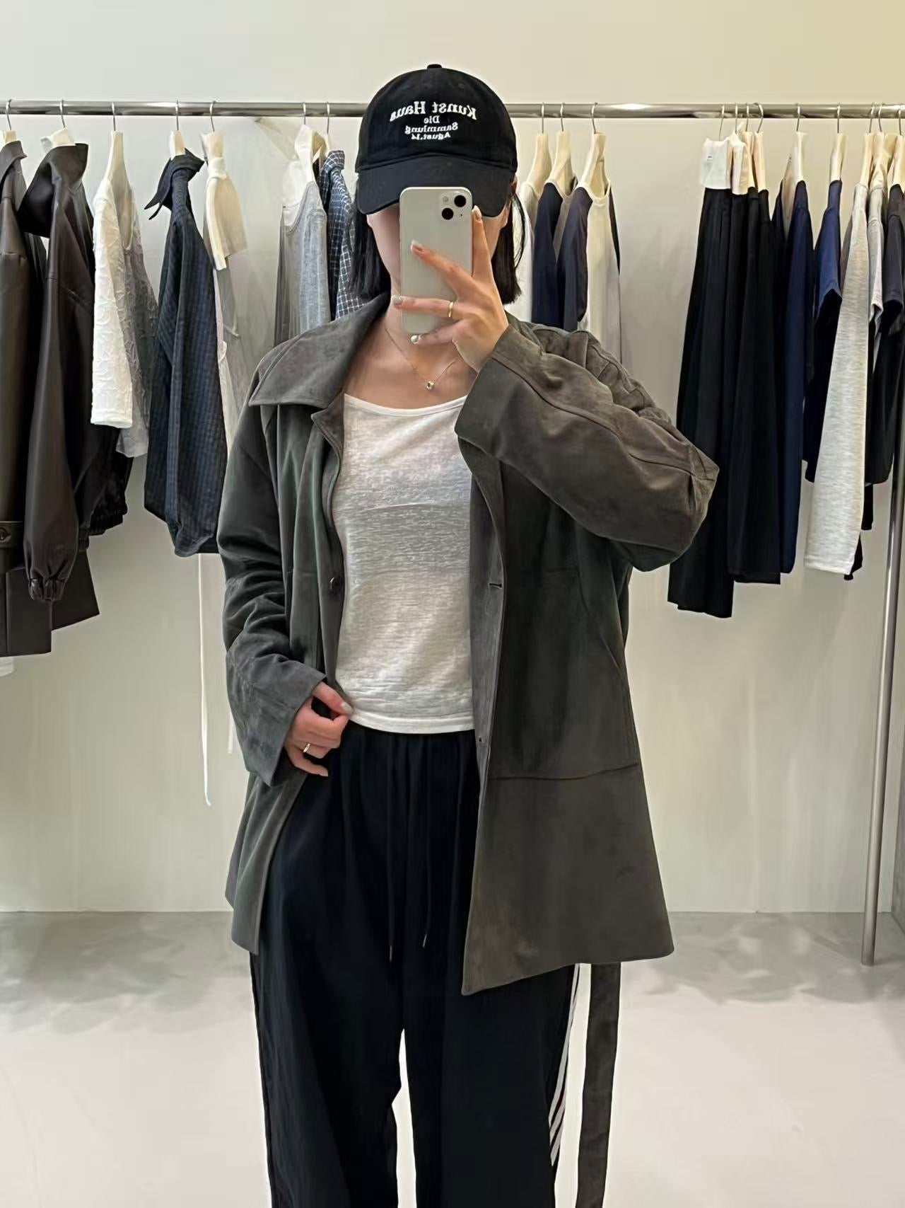 韓國製 麂皮感綁帶長版大衣