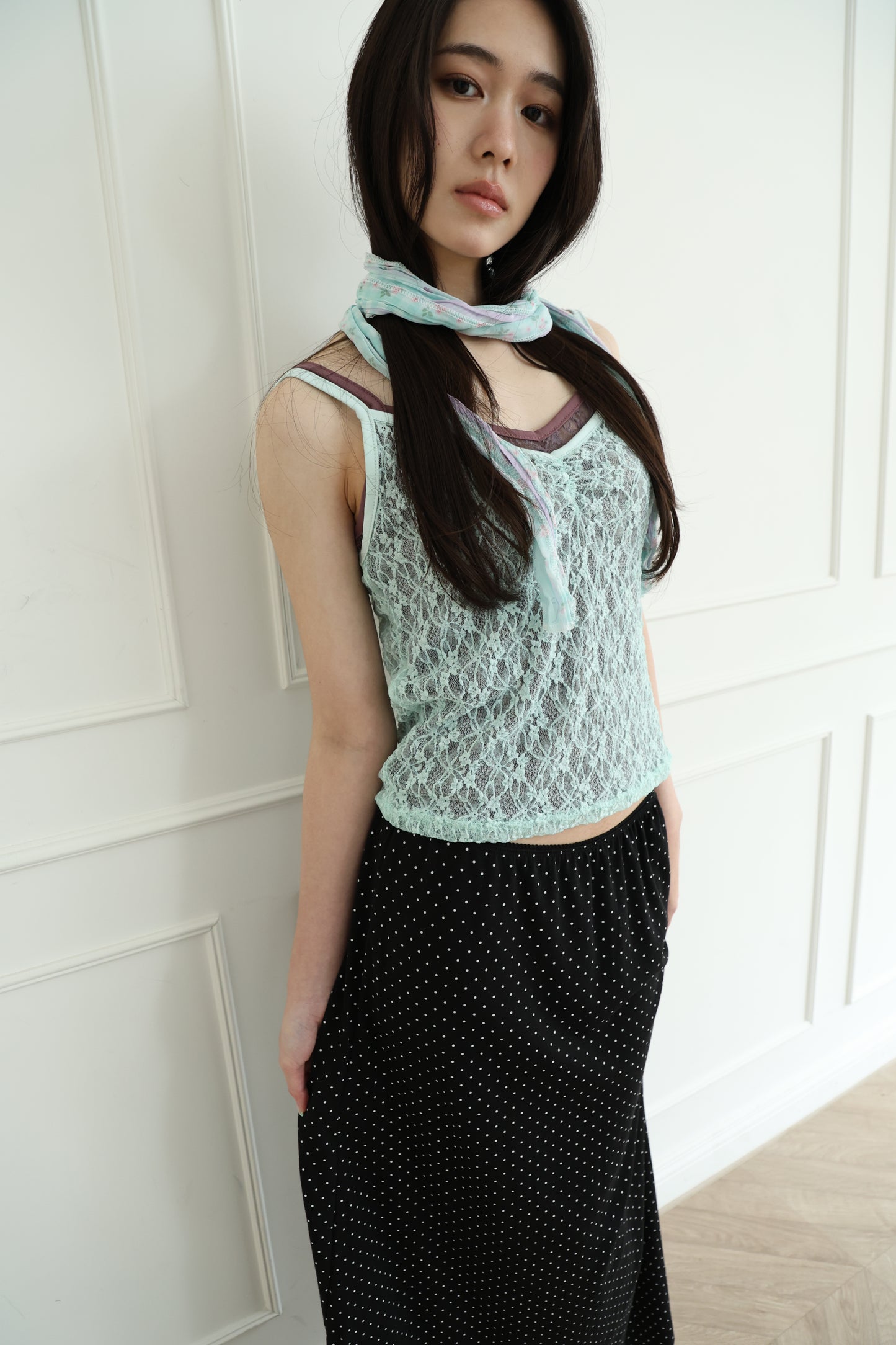 Lace sheer V-neck spaghetti strap vest