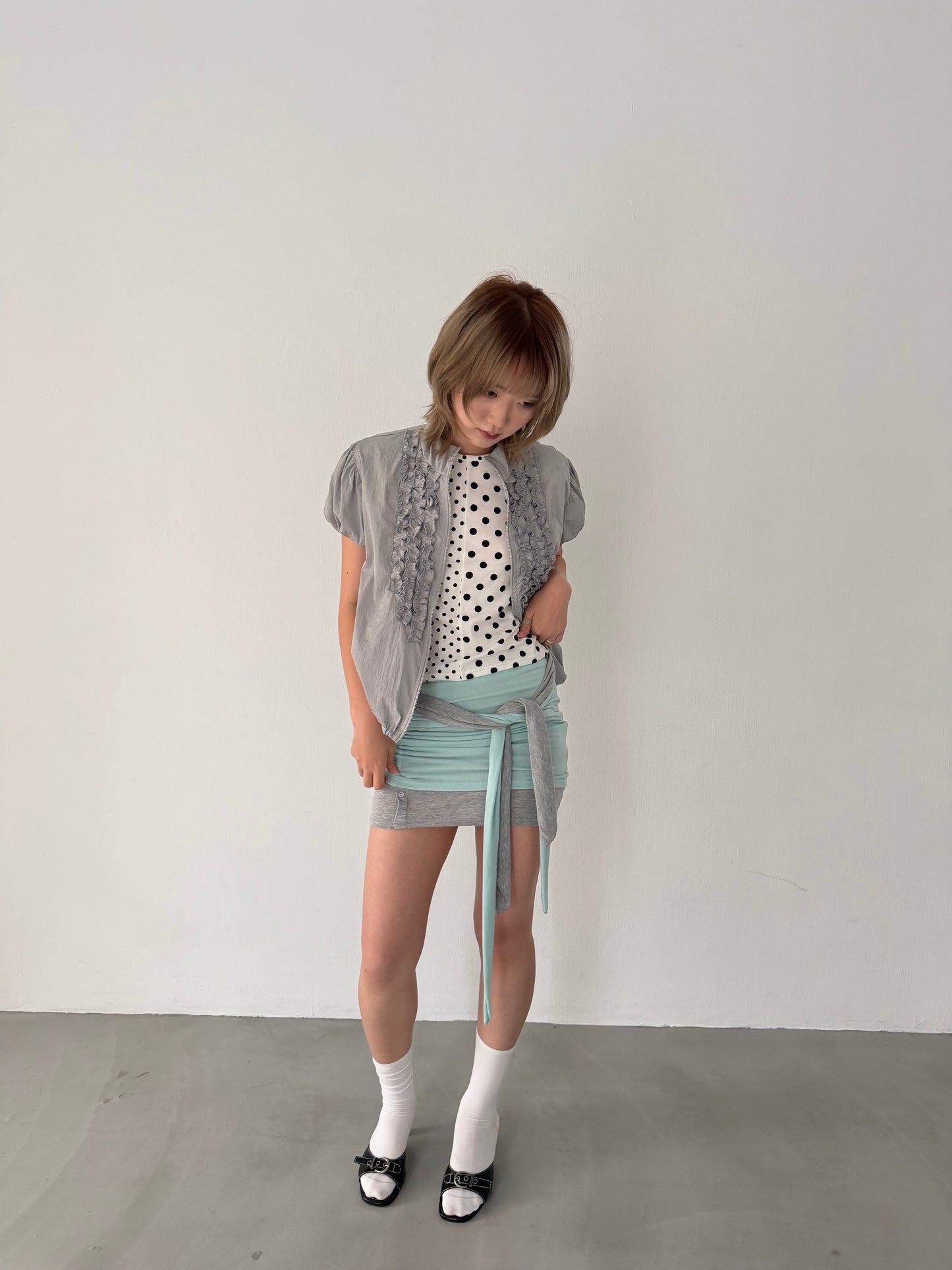 polka dot patchwork short-sleeved top