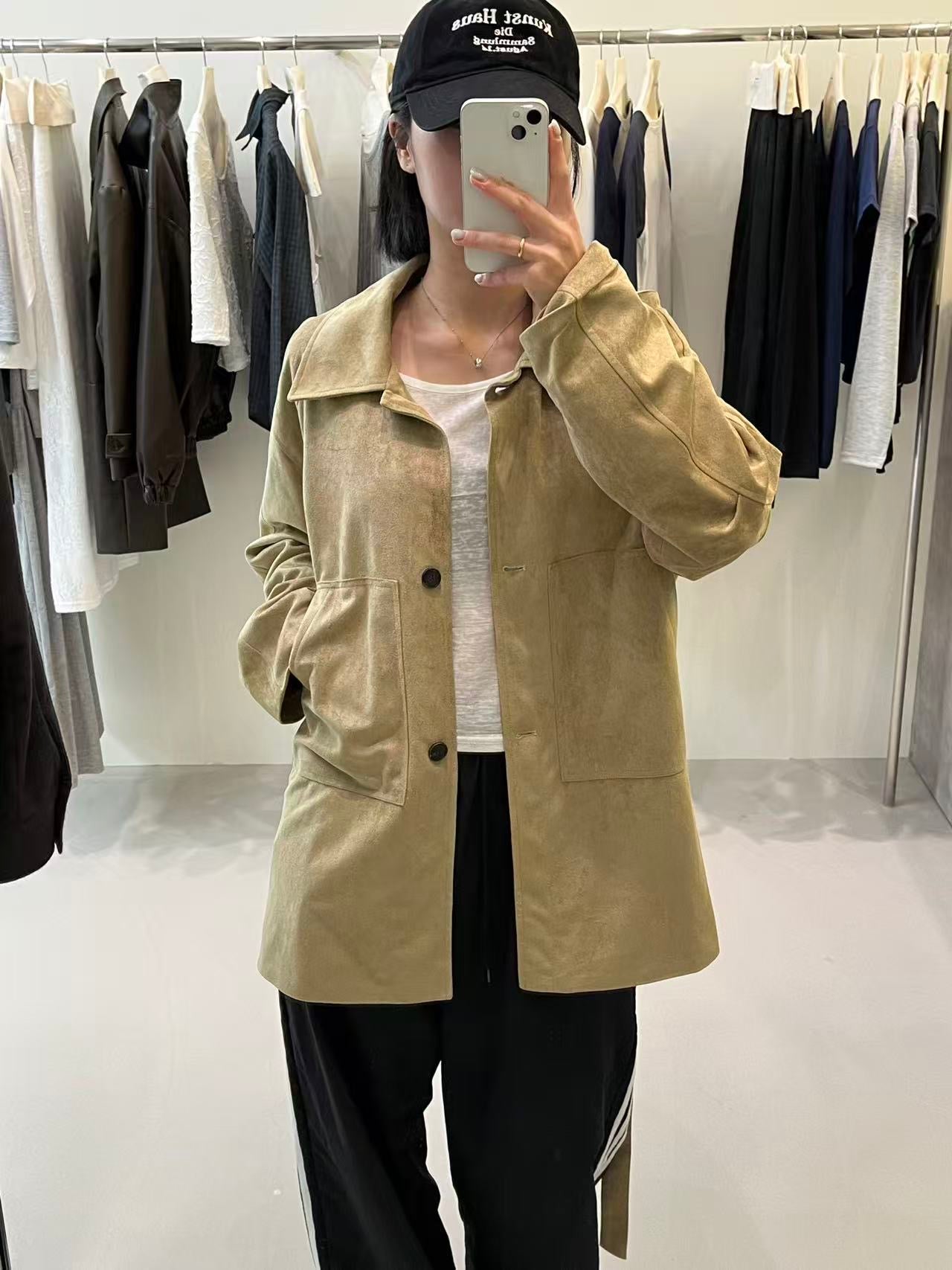 韓國製 麂皮感綁帶長版大衣
