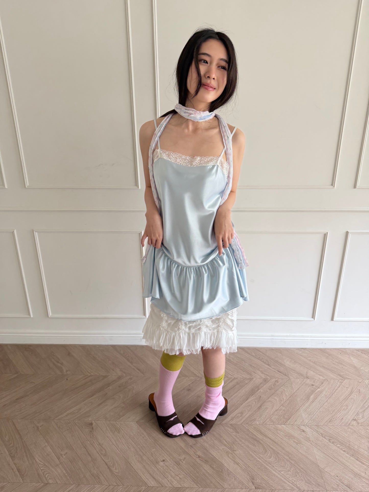Thin-strap satin lace-trimmed camisole dress