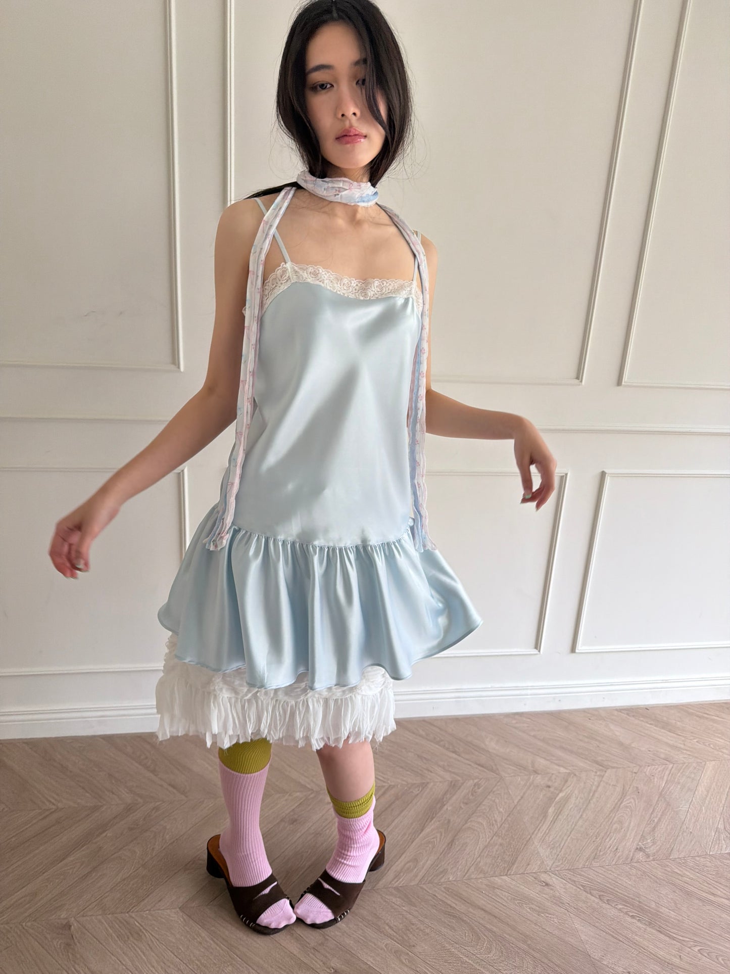 Thin-strap satin lace-trimmed camisole dress