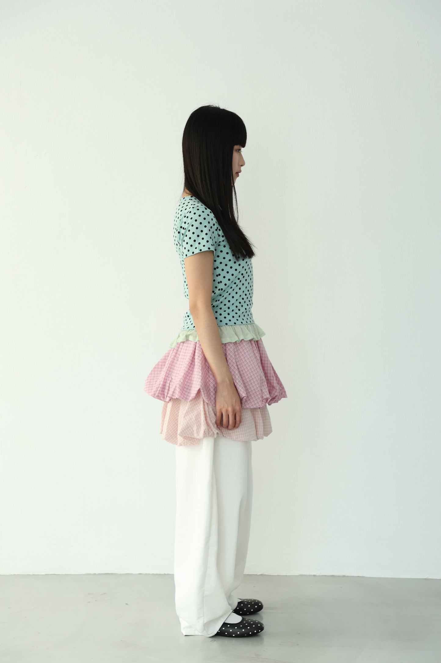 polka dot patchwork short-sleeved top
