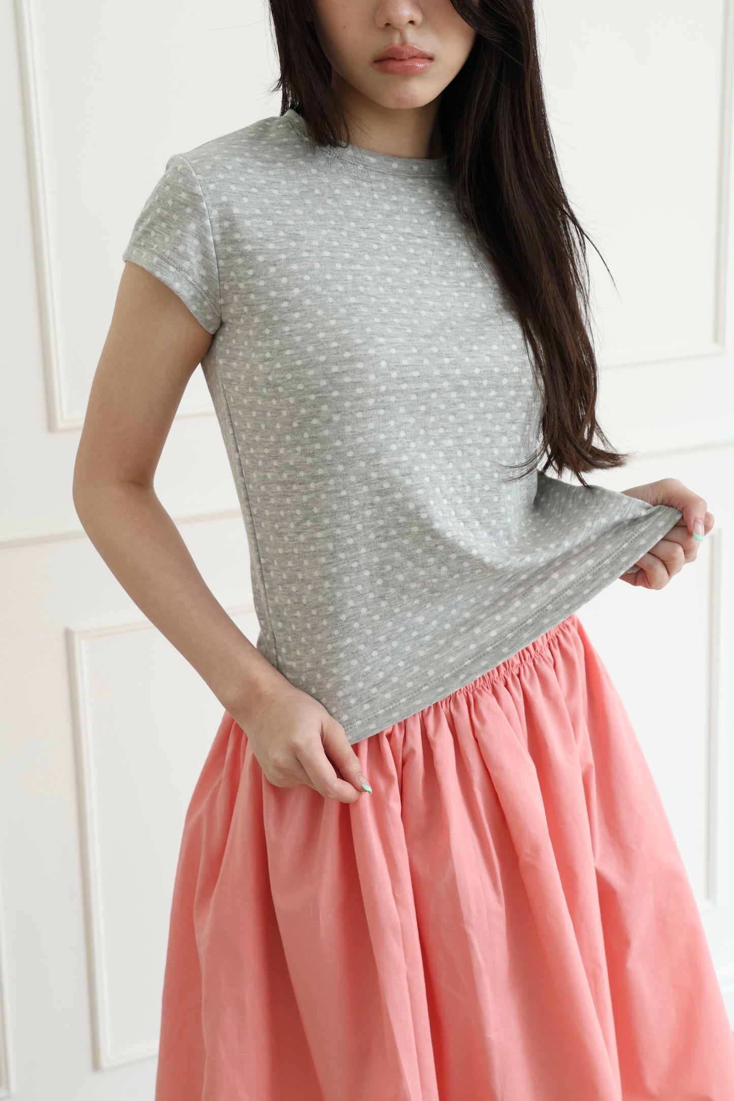 polka dot top with off-shoulder design