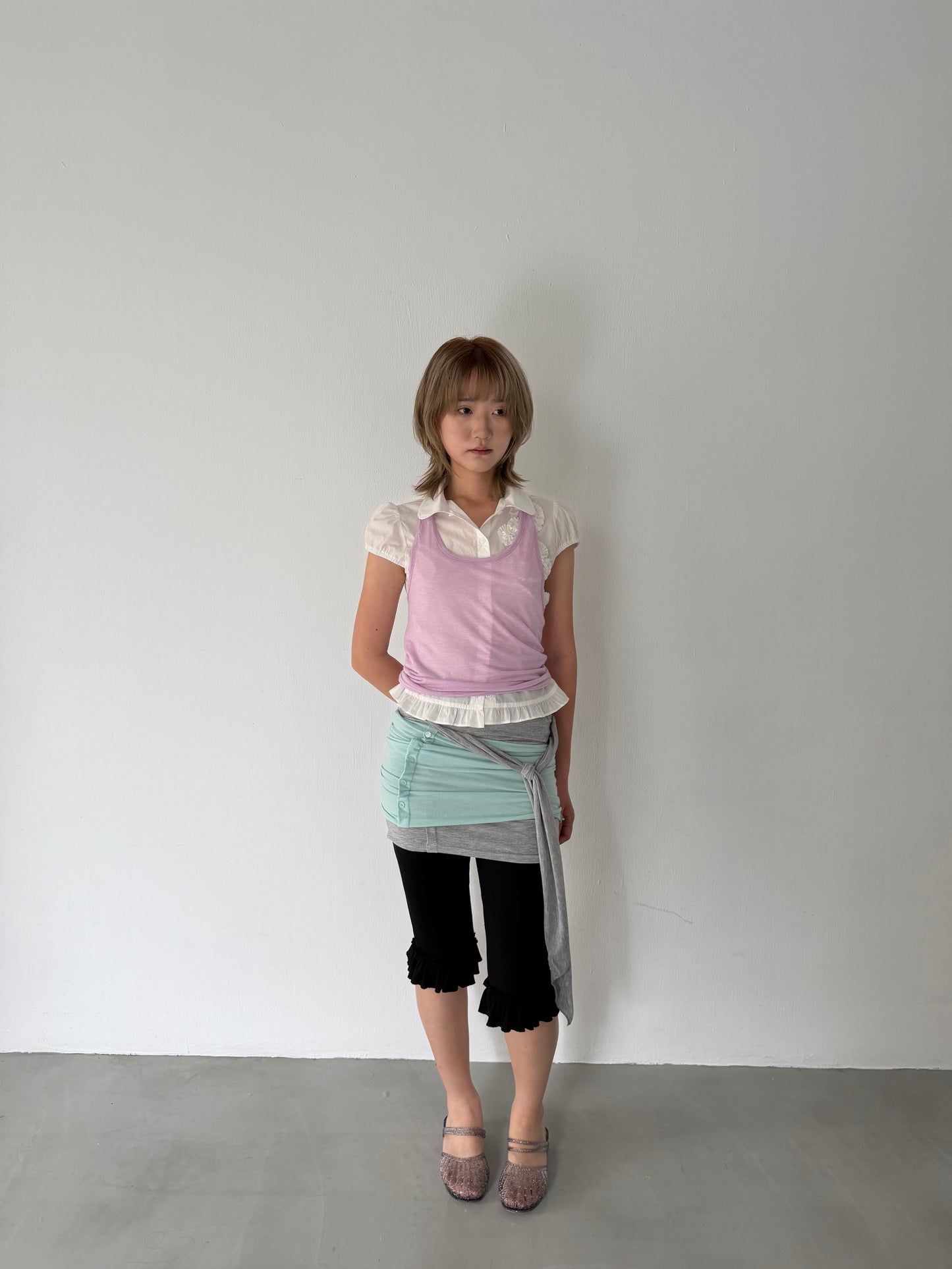 Lace-trimmed flutter sleeve shirt