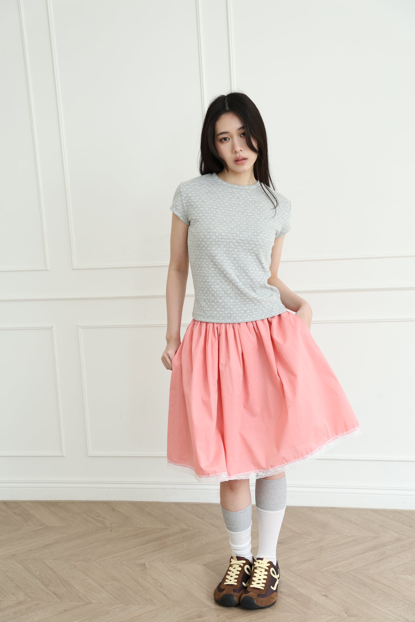 polka dot top with off-shoulder design