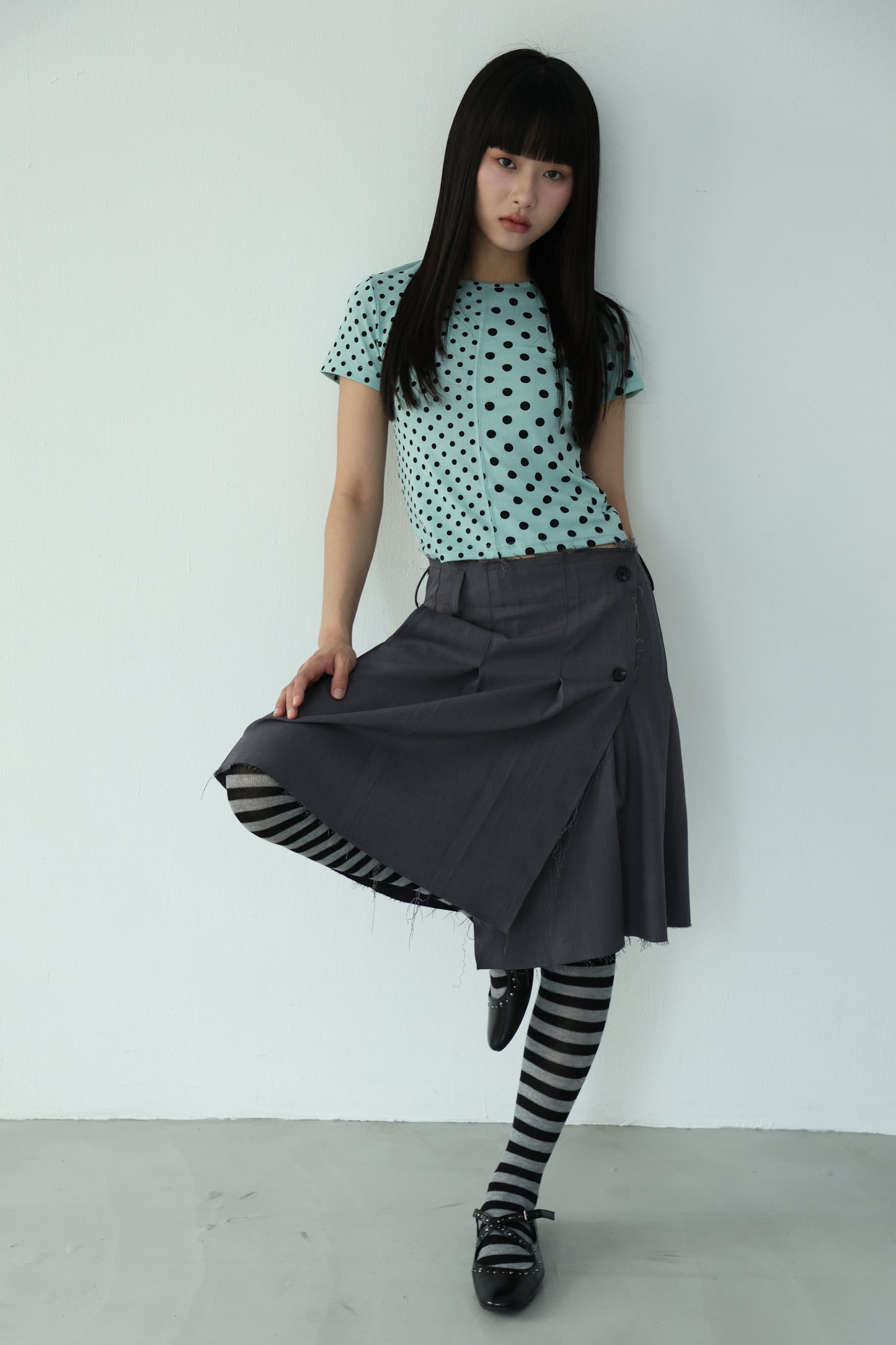 polka dot patchwork short-sleeved top