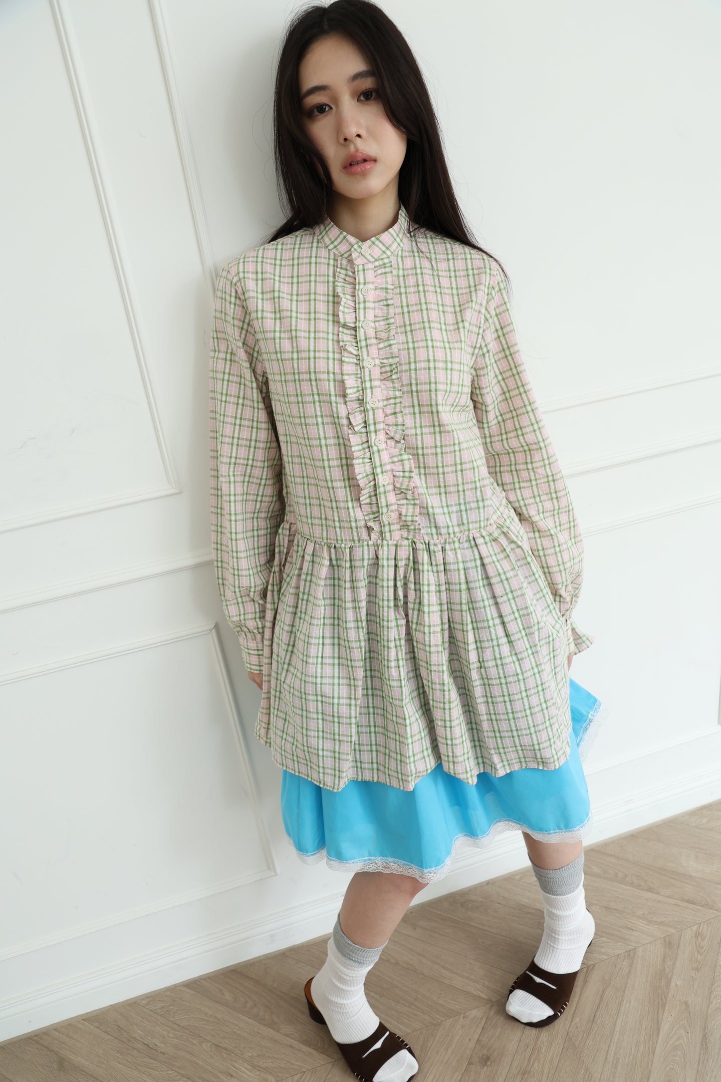 Plaid lace shirt dress