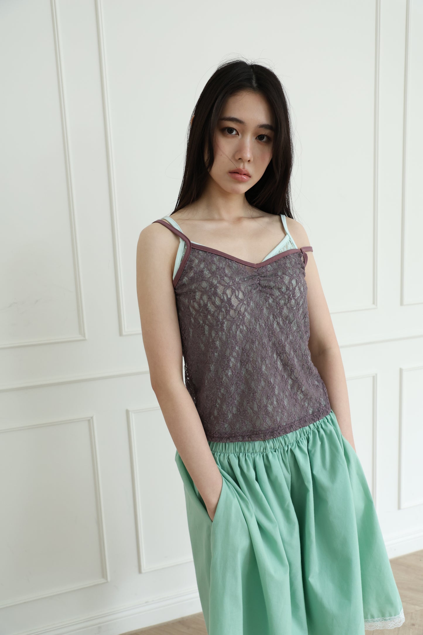 Lace sheer V-neck spaghetti strap vest
