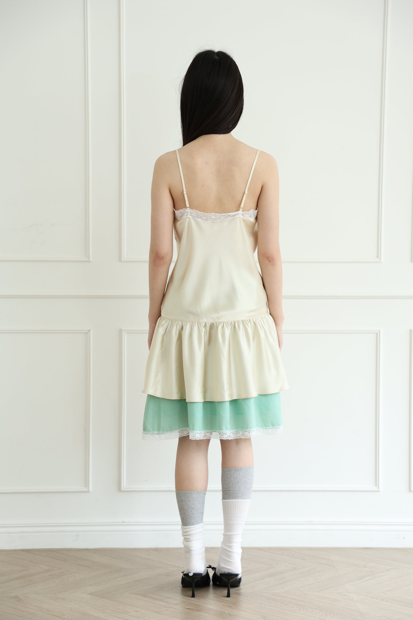 Thin-strap satin lace-trimmed camisole dress