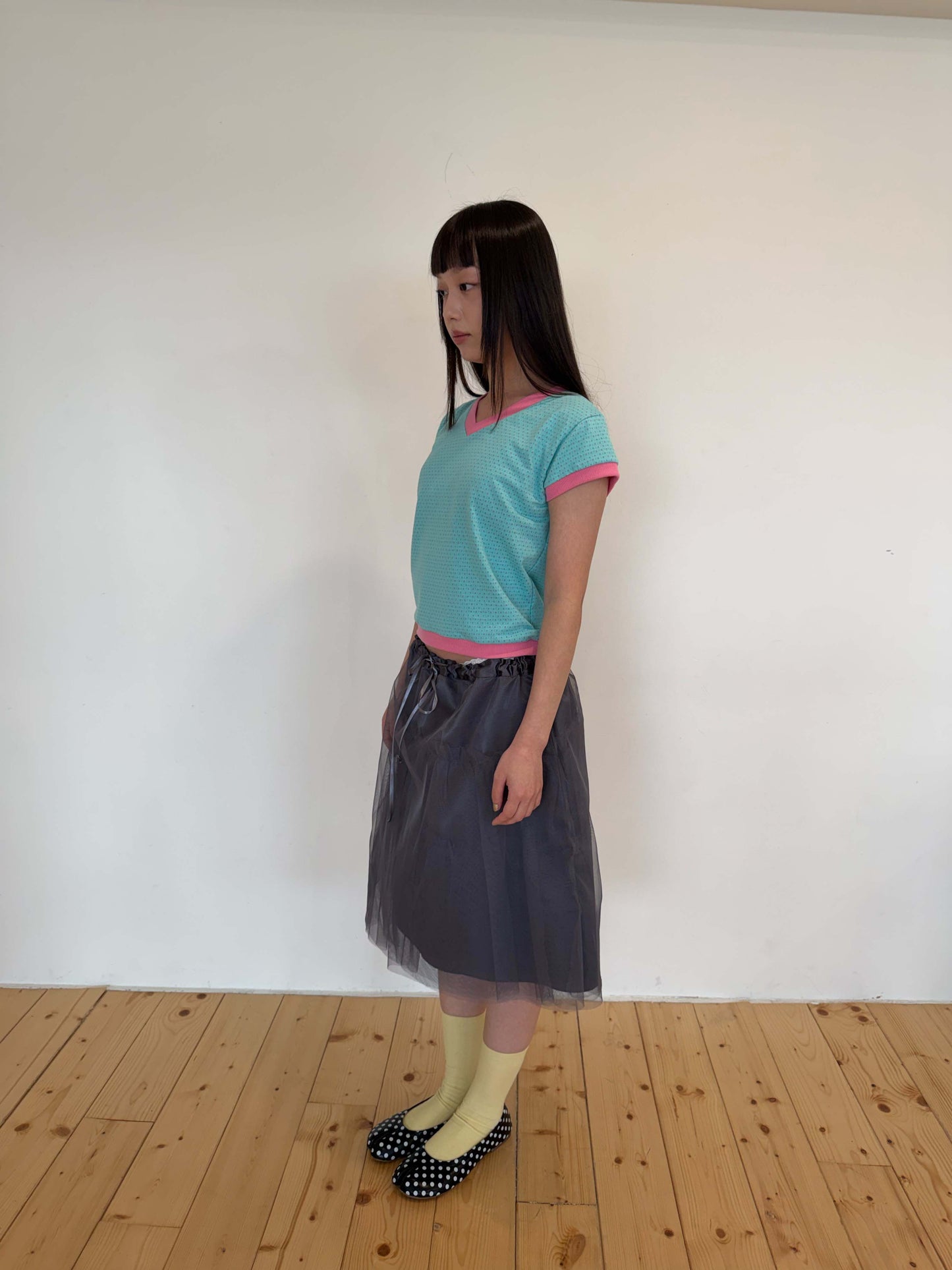 Candy-colored short-sleeved V-neck top
