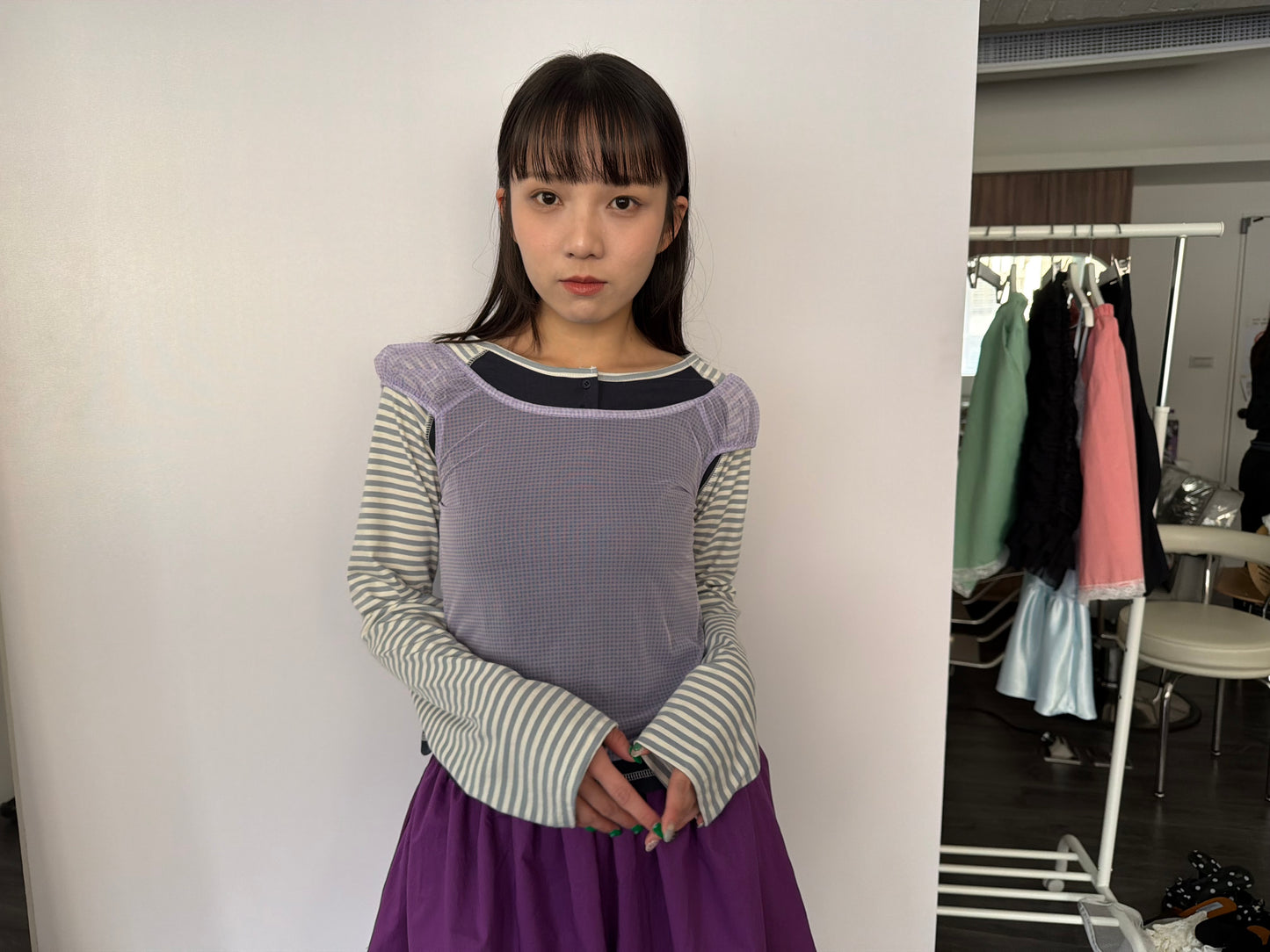 シアーチェック スクエアネックトップス