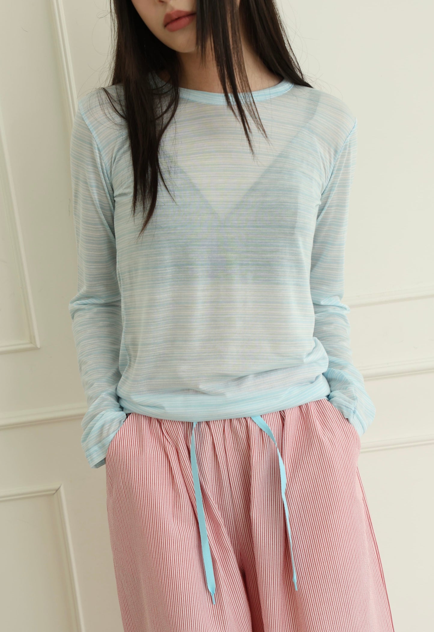 Sheer pinstriped long-sleeved top