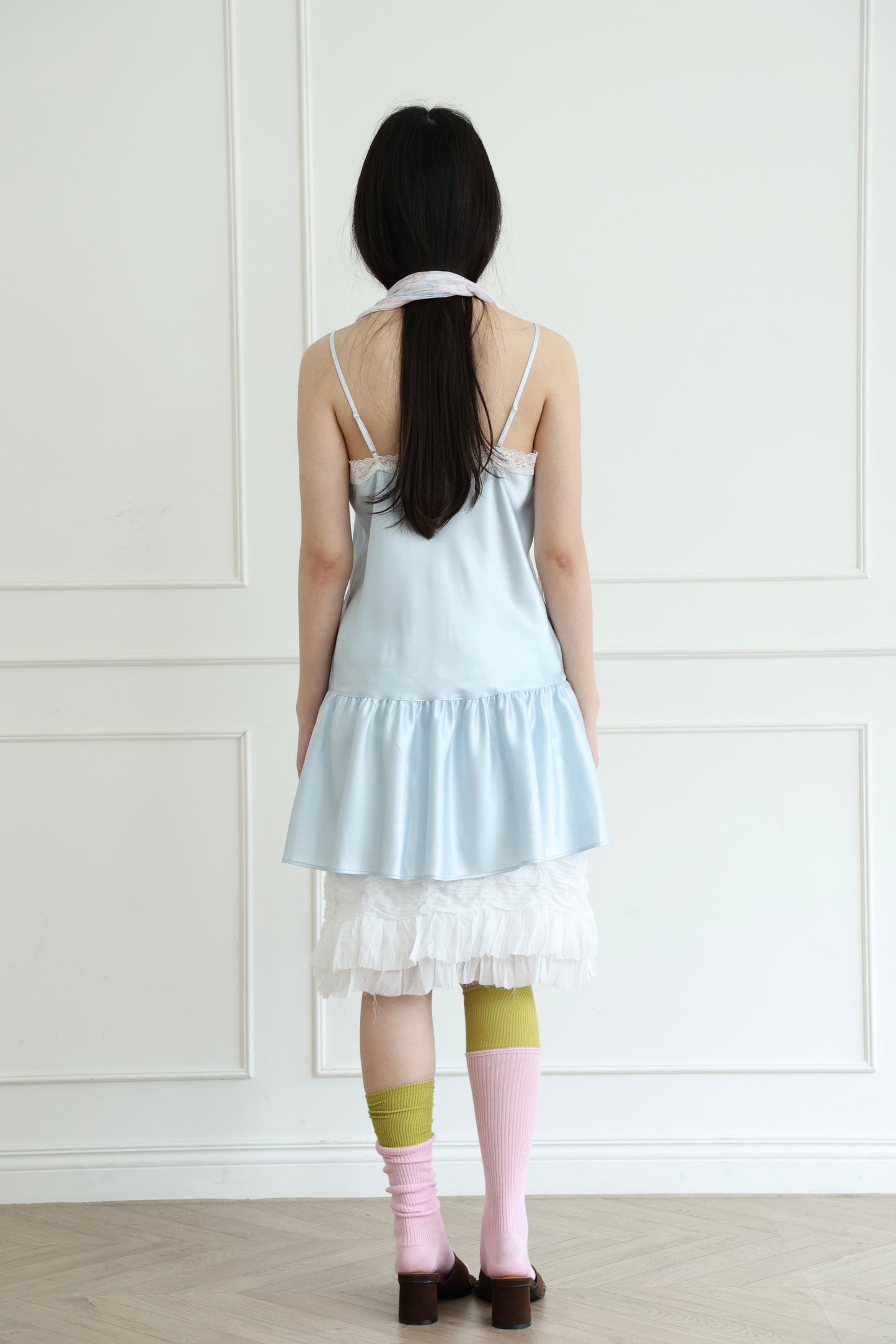 Thin-strap satin lace-trimmed camisole dress