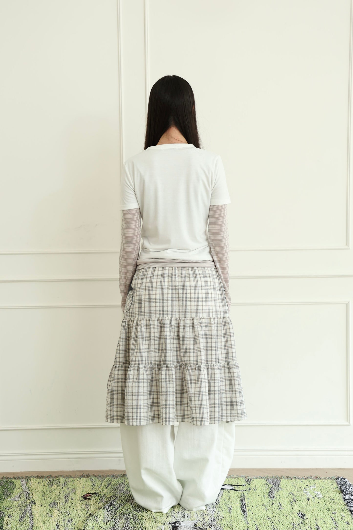 Pancake Check Button Midi Skirt