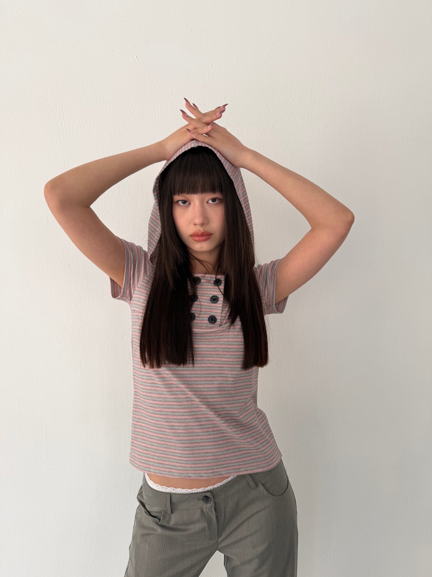 Striped button-down hooded short-sleeved top