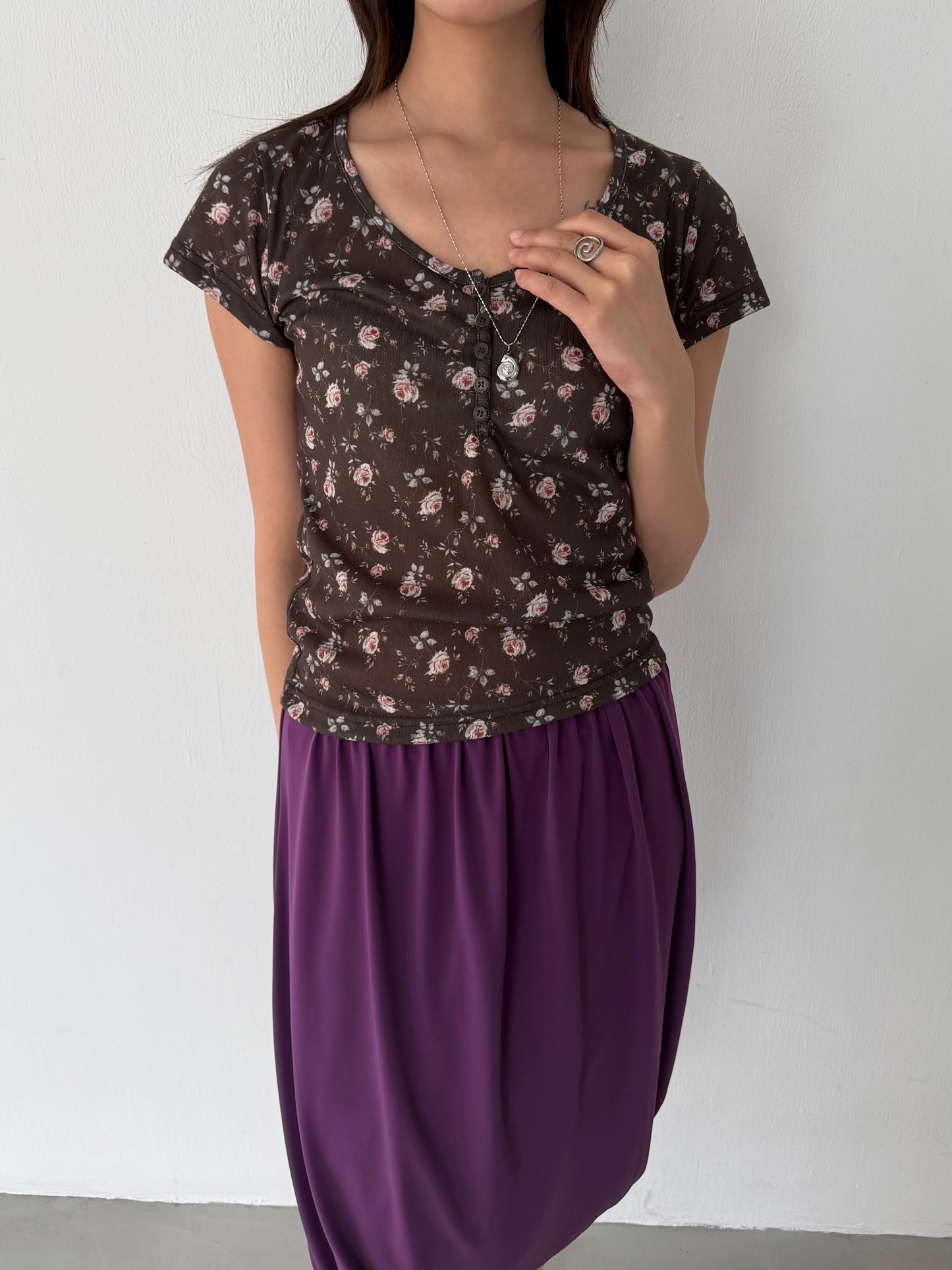 Floral Button Elastic Short-Sleeve