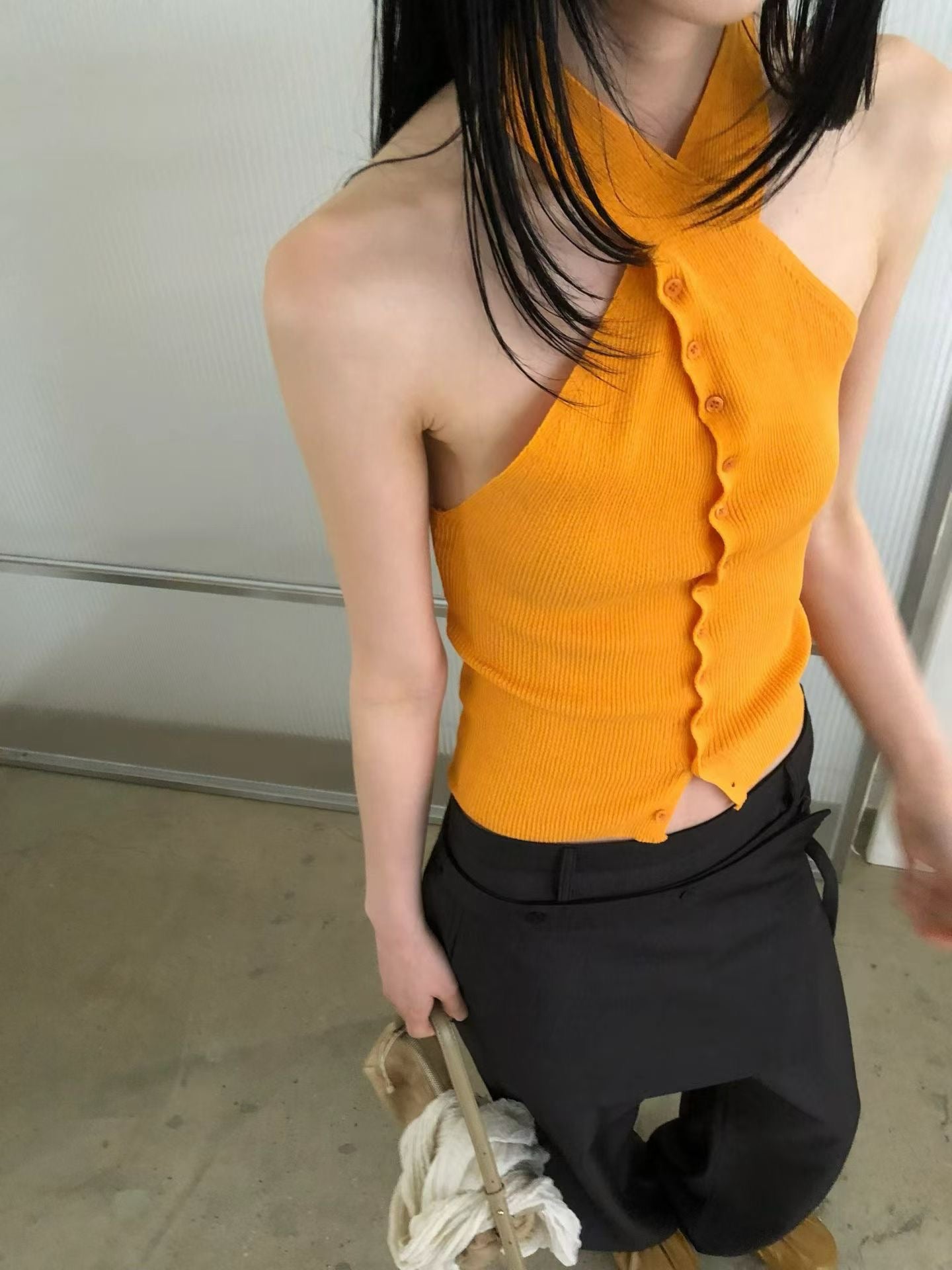 halter neck knitted button vest