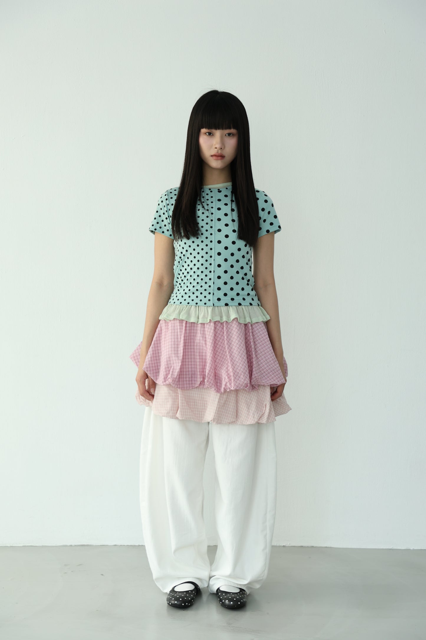 polka dot patchwork short-sleeved top