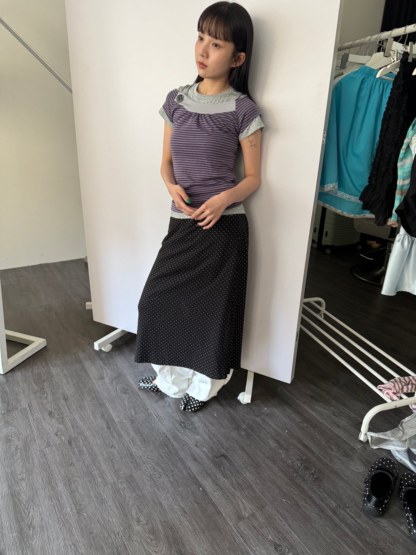 Button-up striped off-shoulder top