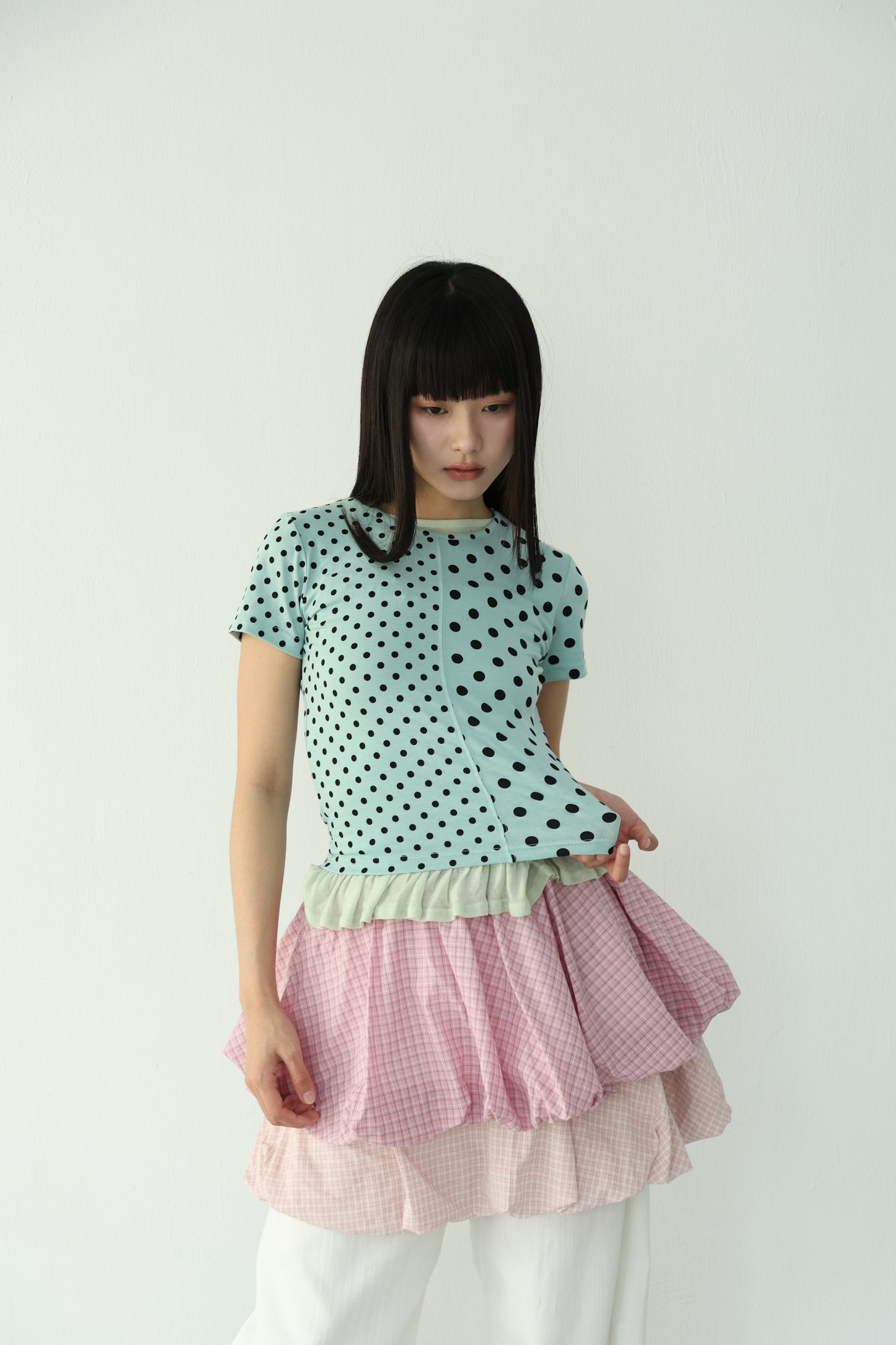 polka dot patchwork short-sleeved top